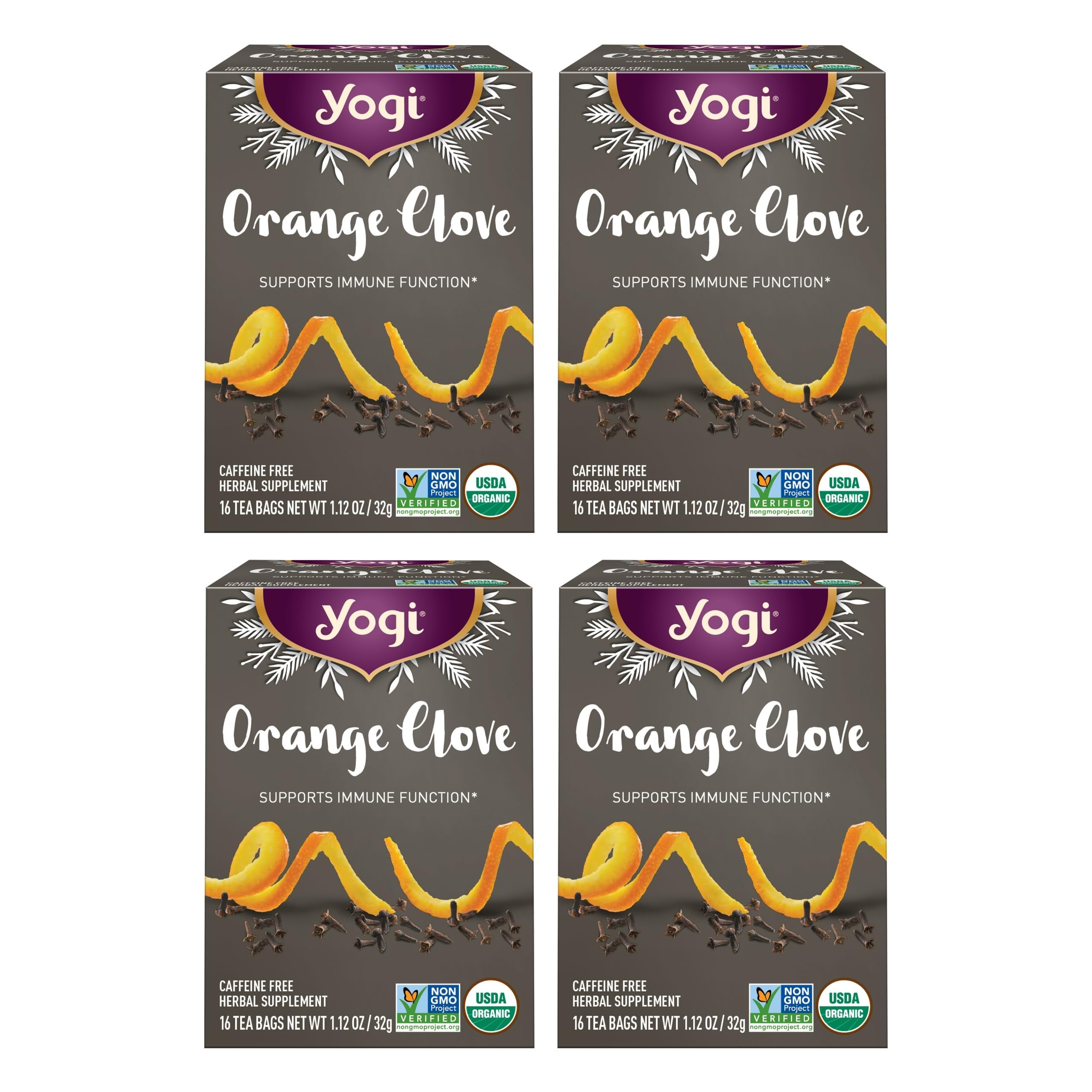 Yogi Orange Clove tea bags displayed on the four-pack box for the limited edition blend