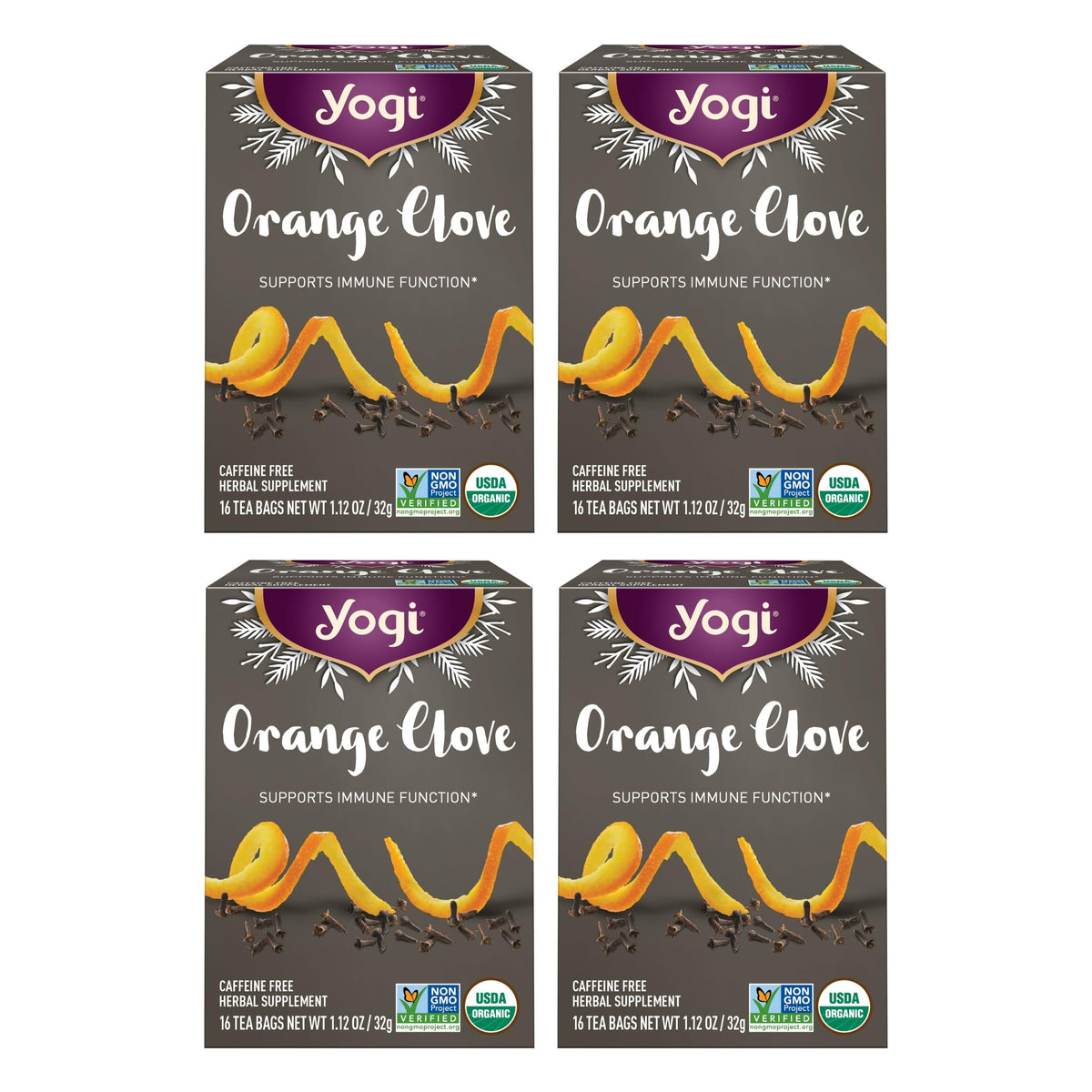 Yogi Orange Clove tea bags displayed on the four-pack box for the limited edition blend
