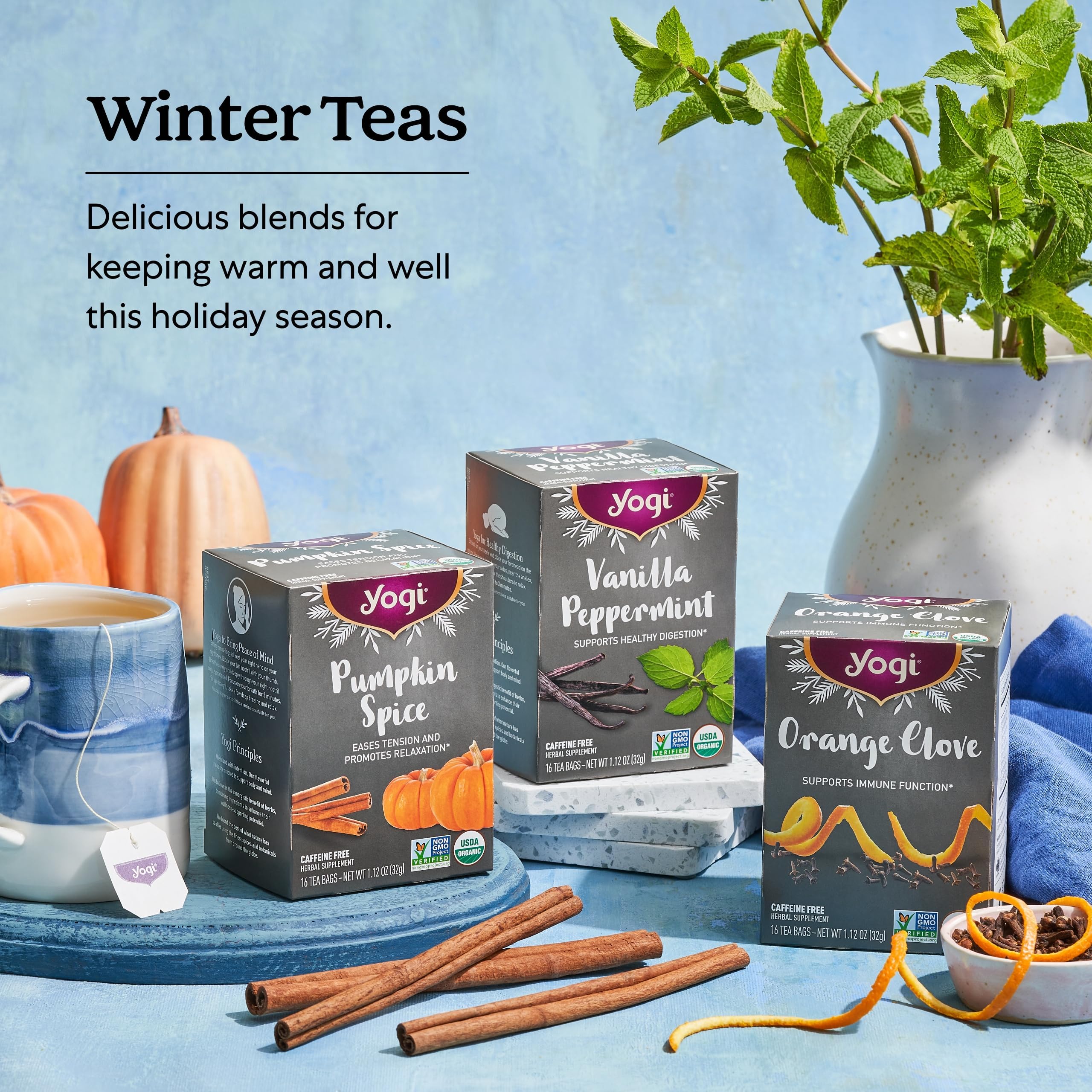 Organic and non-GMO labeling on Yogi Orange Clove tea package