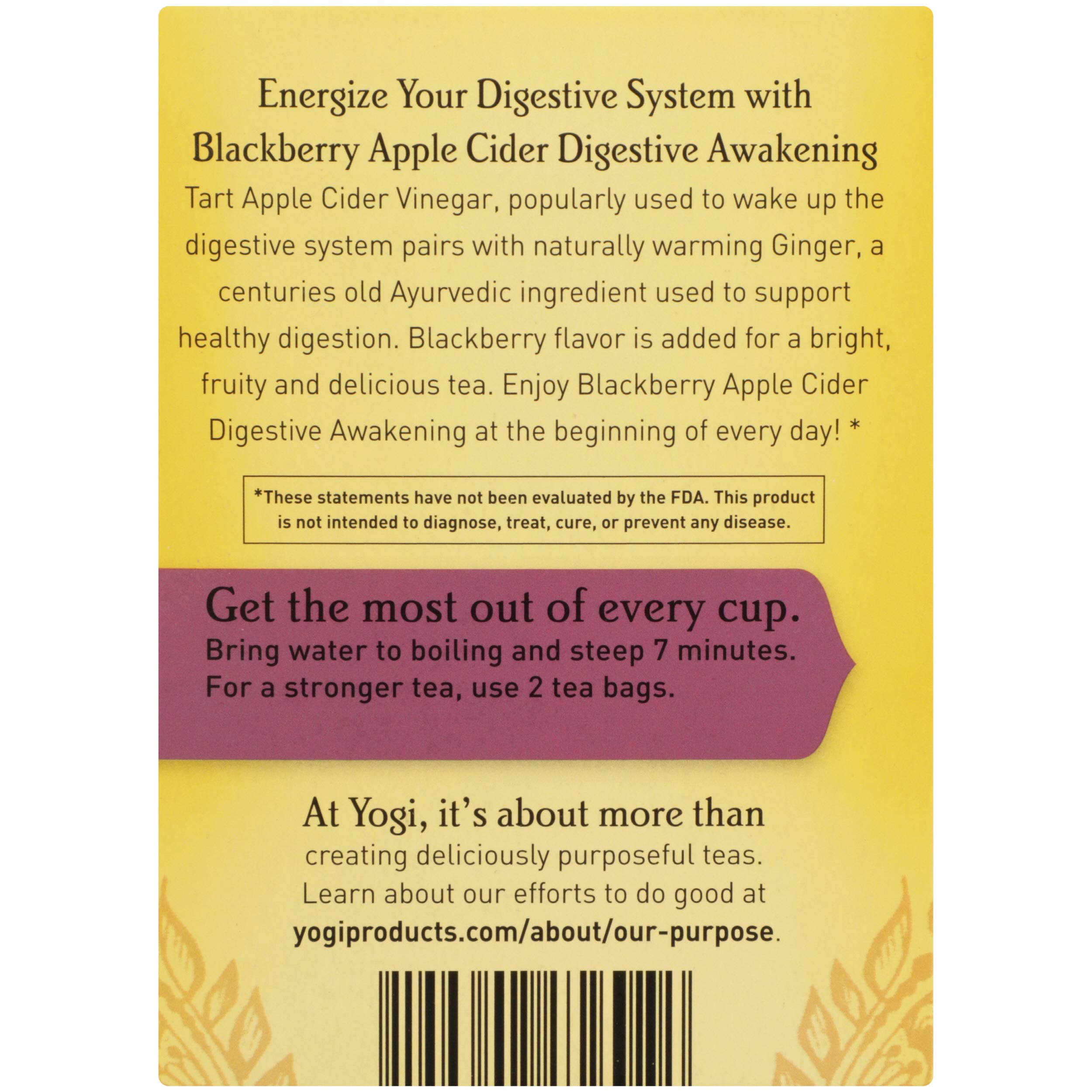 Yogi Organic Blackberry Apple Awakening Digestive Cider box displays caffeine-free, vegan, gluten-free icons