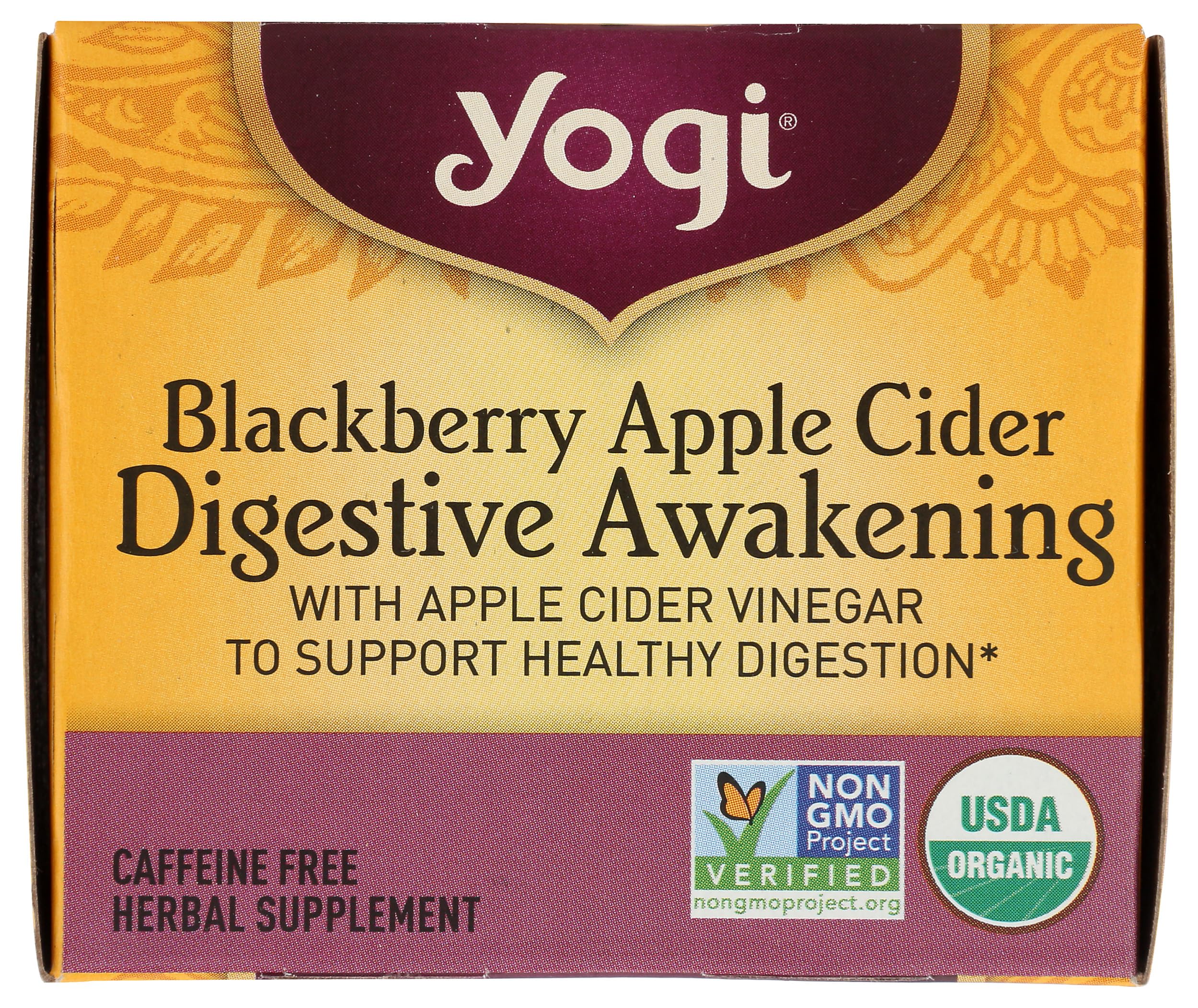Yogi Organic Blackberry Apple Awakening Digestive Cider brewing scene with boiling water and steeping