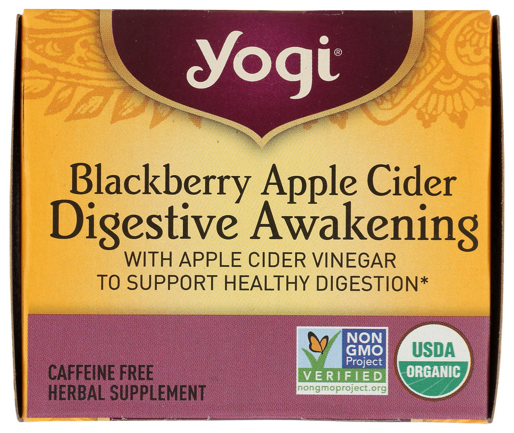 Yogi Organic Blackberry Apple Awakening Digestive Cider brewing scene with boiling water and steeping