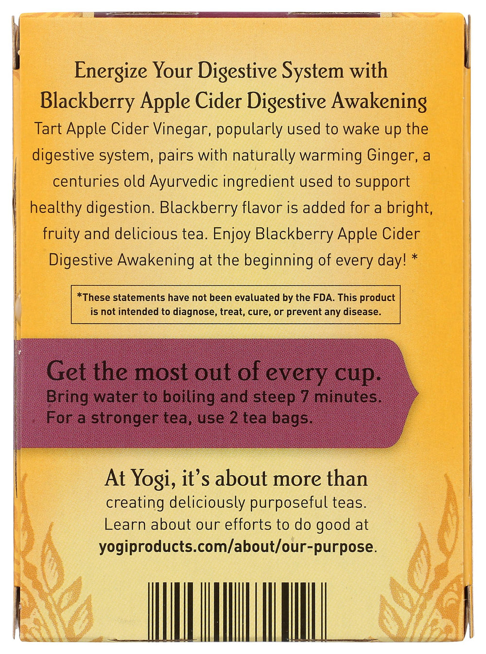 Yogi Organic Blackberry Apple Awakening Digestive Cider close-up shows ginger, apple, and blackberry notes