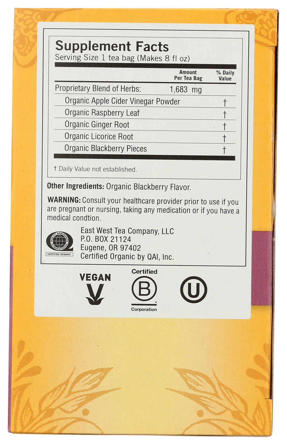 Yogi Organic Blackberry Apple Awakening Digestive Cider tin with organic certification symbols