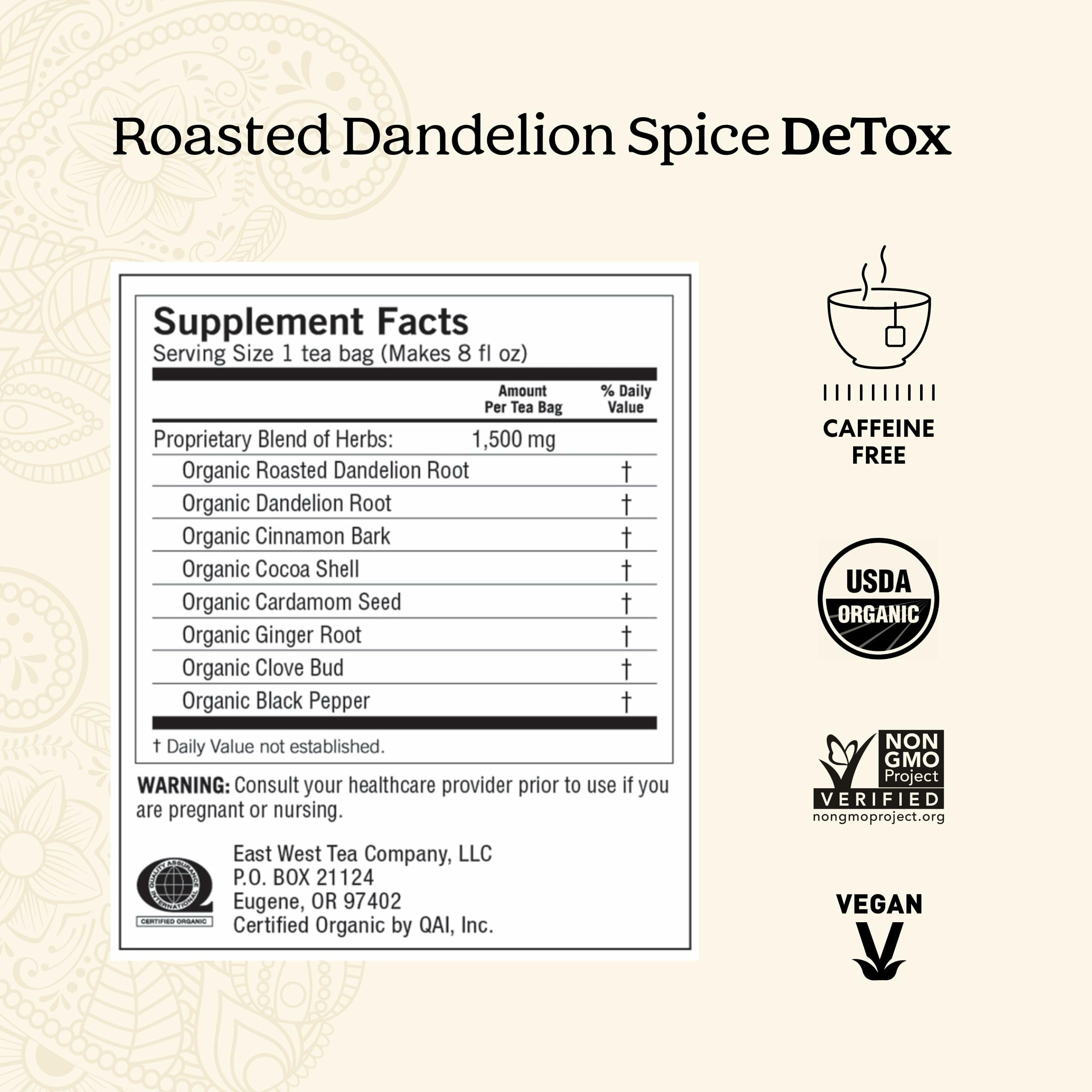 Yogi Organic detox ingredients-spices highlight Ayurvedic botanicals in each cup.