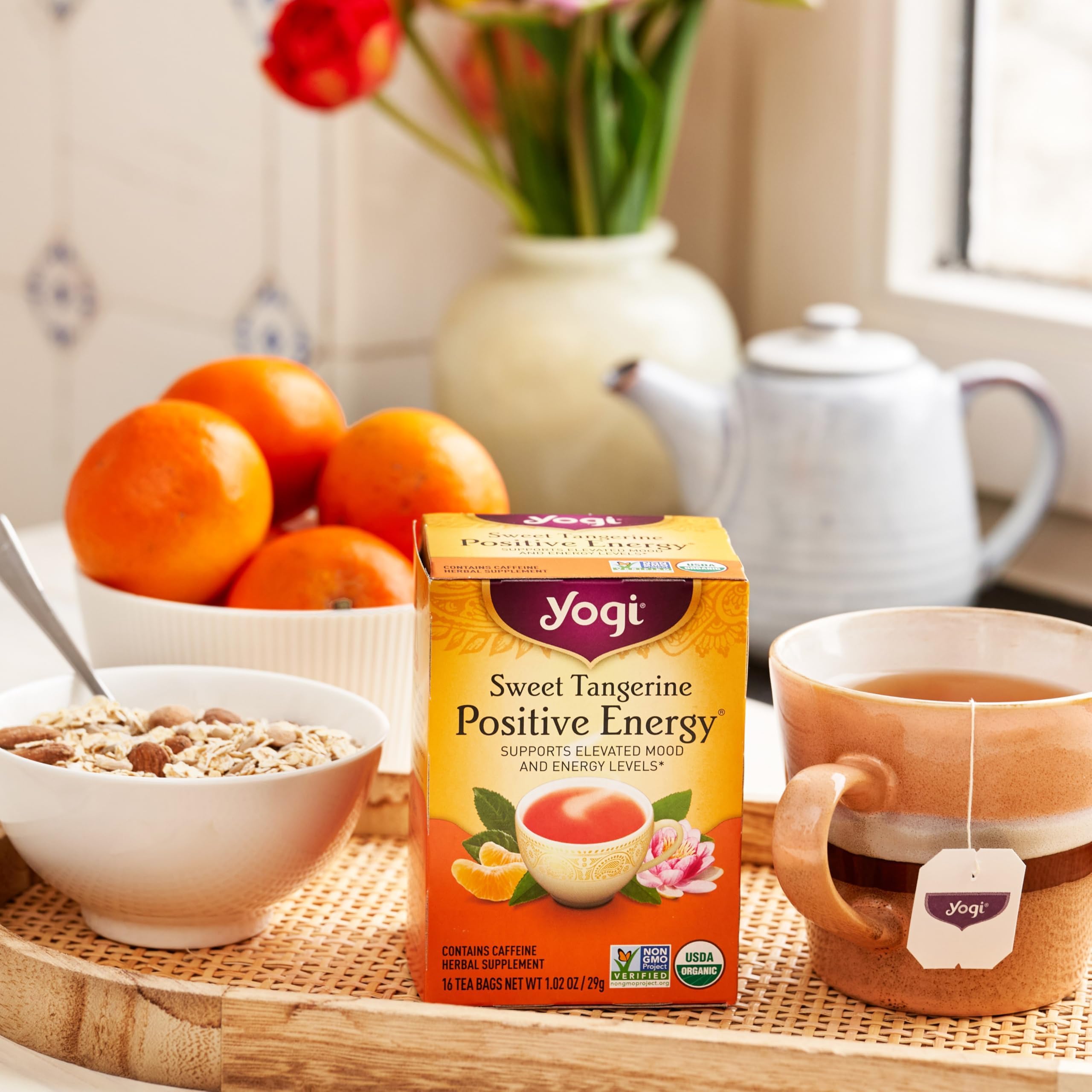 Yogi Organic tea bags showcase vegan, non-GMO ingredients in the pack.