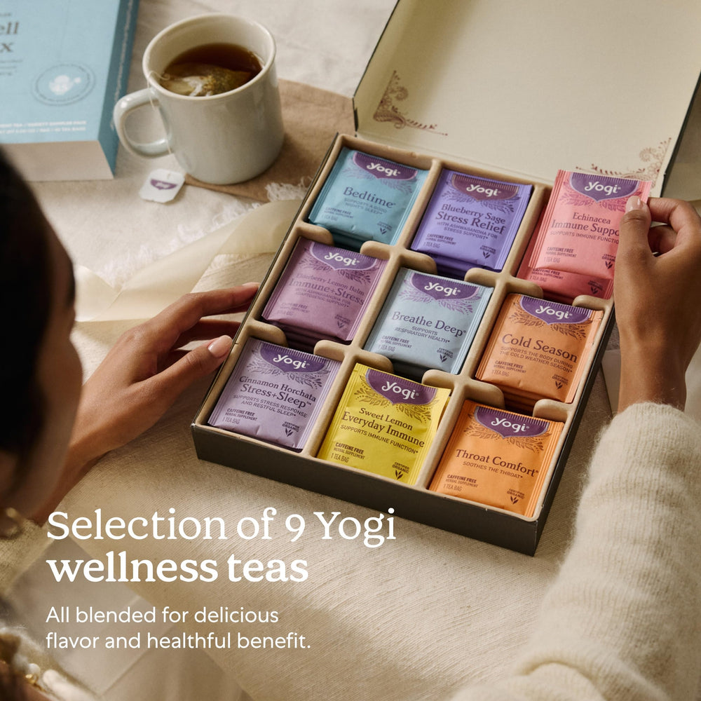 Yogi packaging showing gift-ready design and 9 flavors.