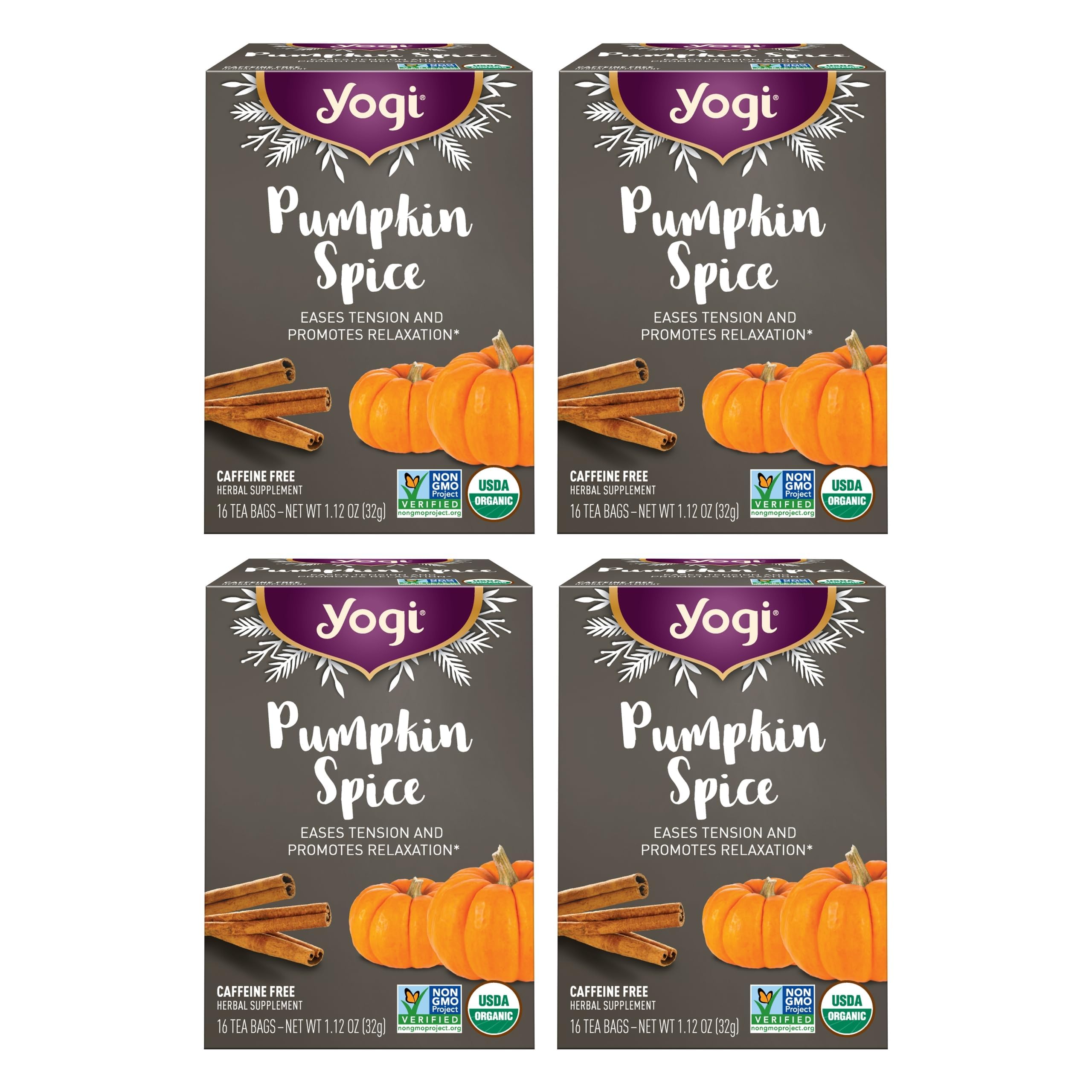 Yogi Pumpkin Spice Tea four-pack packaging highlights gift option.