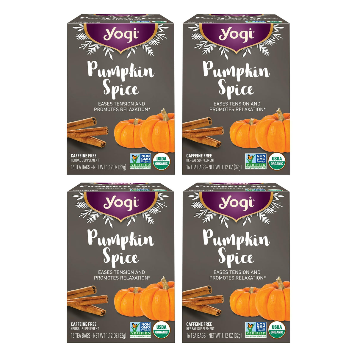 Yogi Pumpkin Spice Tea four-pack packaging highlights gift option.