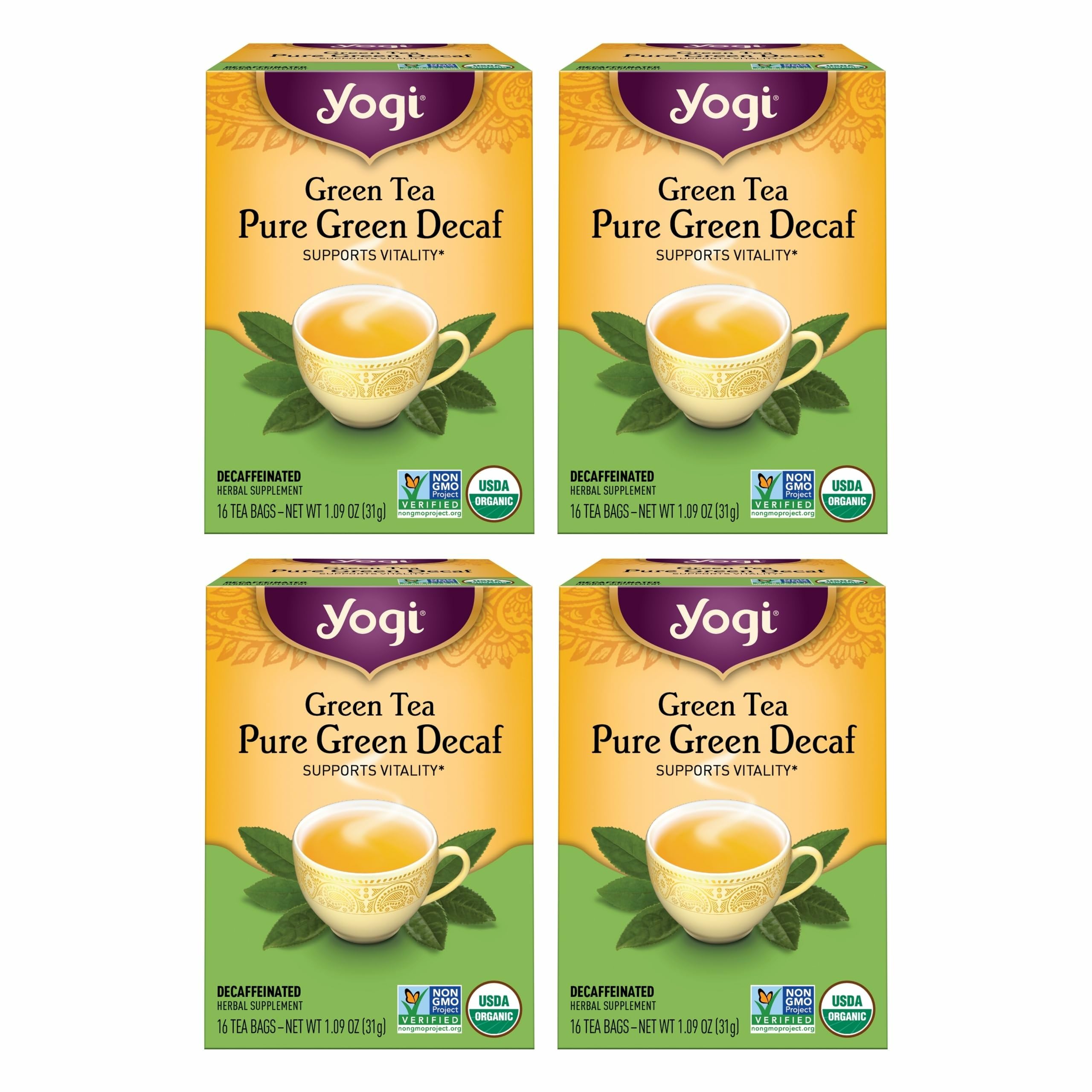 Yogi Pure Decaf Green Tea packaging showing organic label for a trusted cup