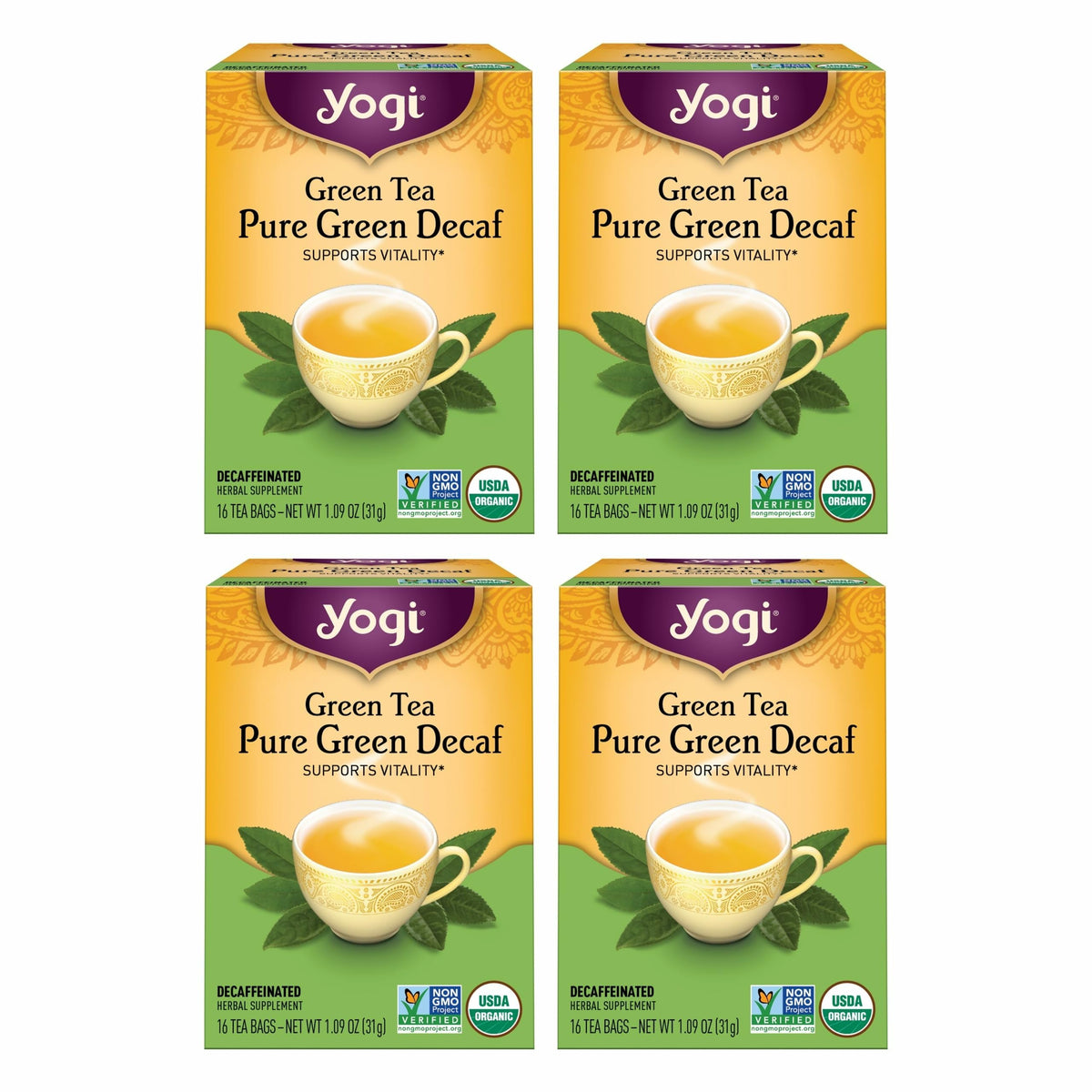 Yogi Pure Decaf Green Tea packaging showing organic label for a trusted cup