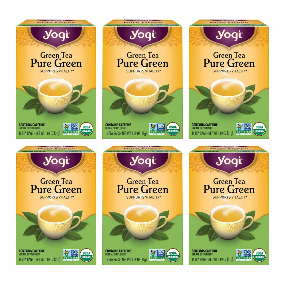 Yogi Pure Green Tea box front, premium organic leaves for a refreshing daily ritual.