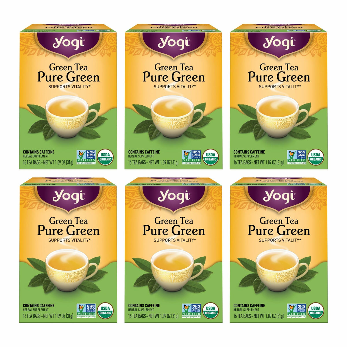 Yogi Pure Green Tea box front, premium organic leaves for a refreshing daily ritual.