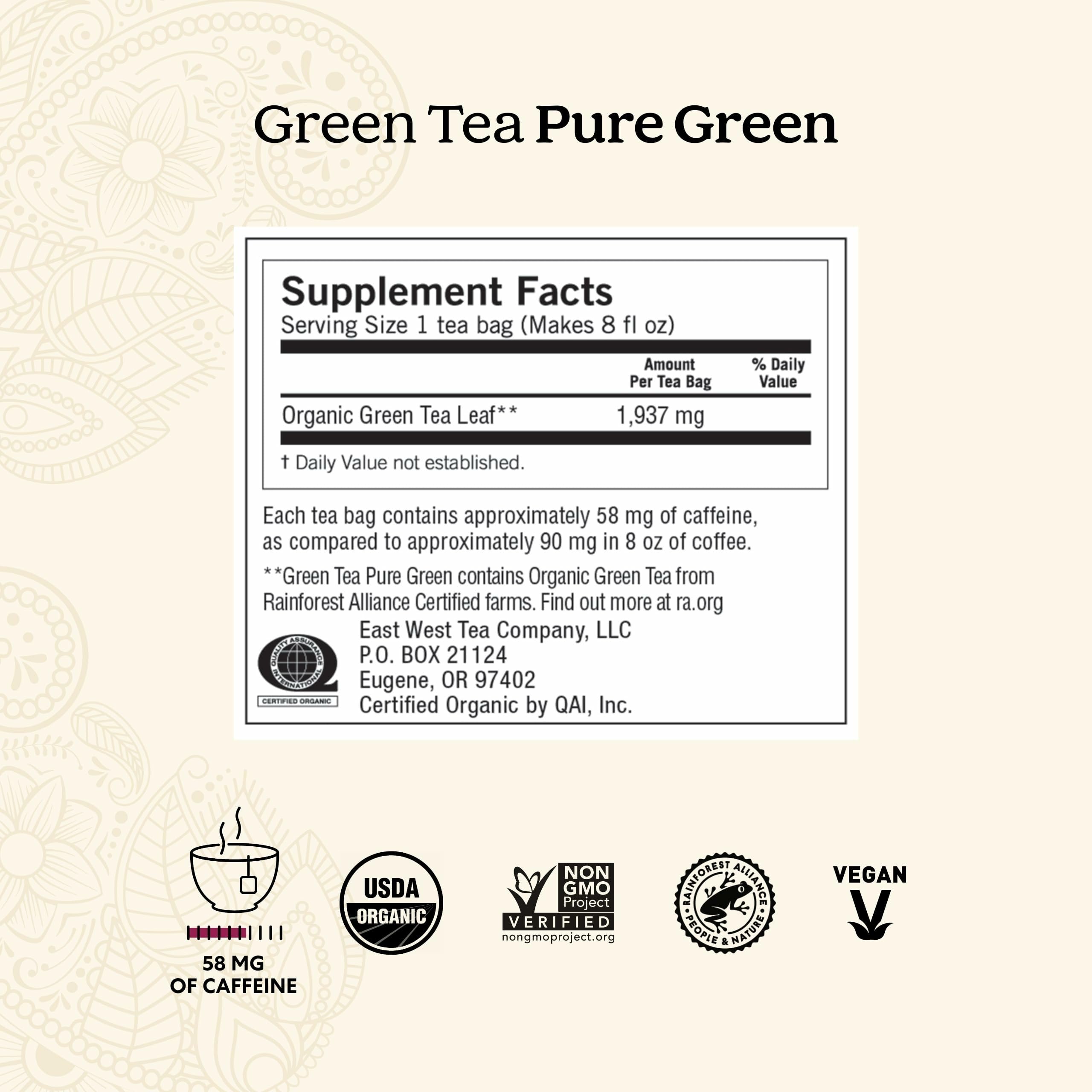 Yogi Pure Green Tea cup with steeping bag, crisp flavor and soothing aroma.