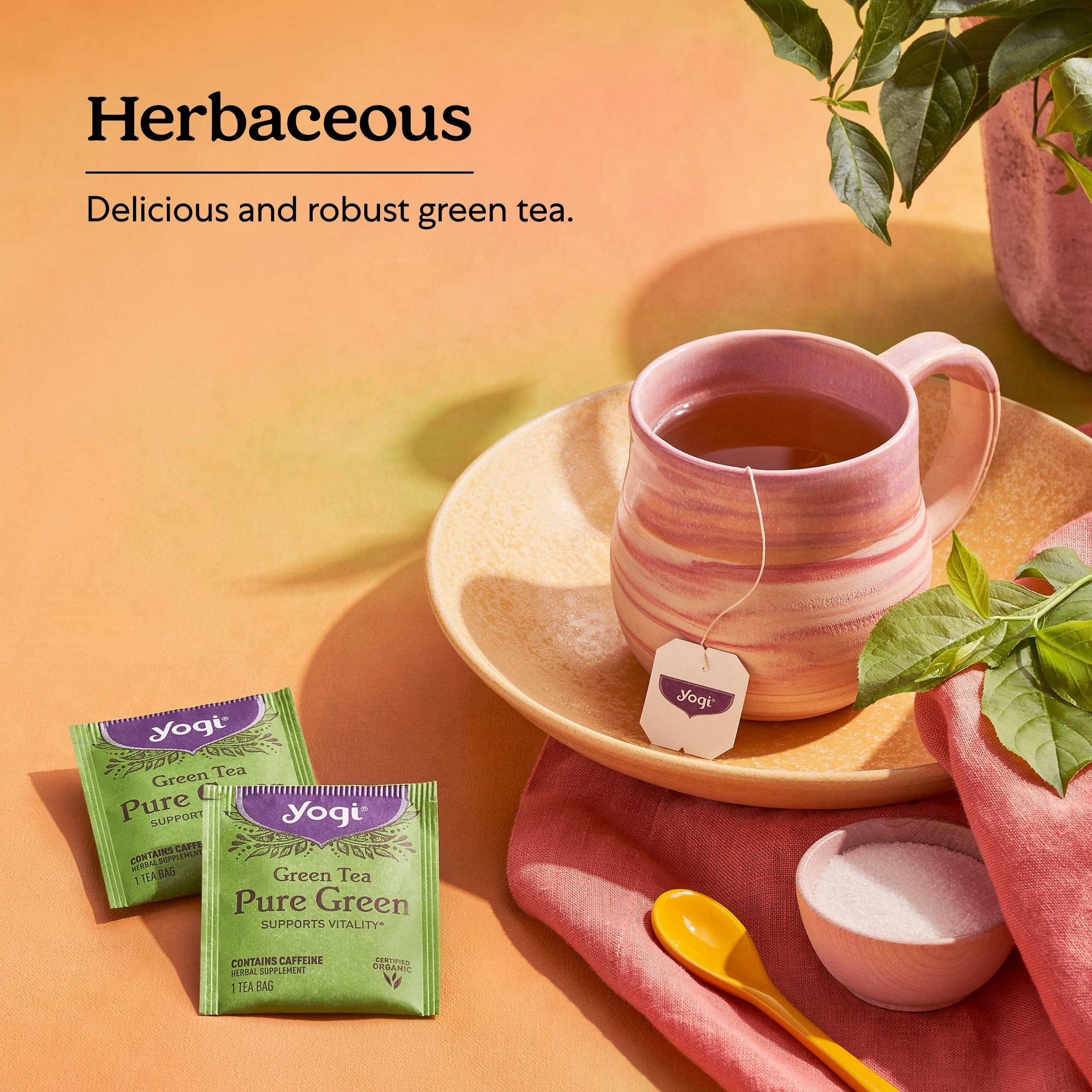Yogi Pure Green Tea label and organic seal, certified vegan and non-GMO.