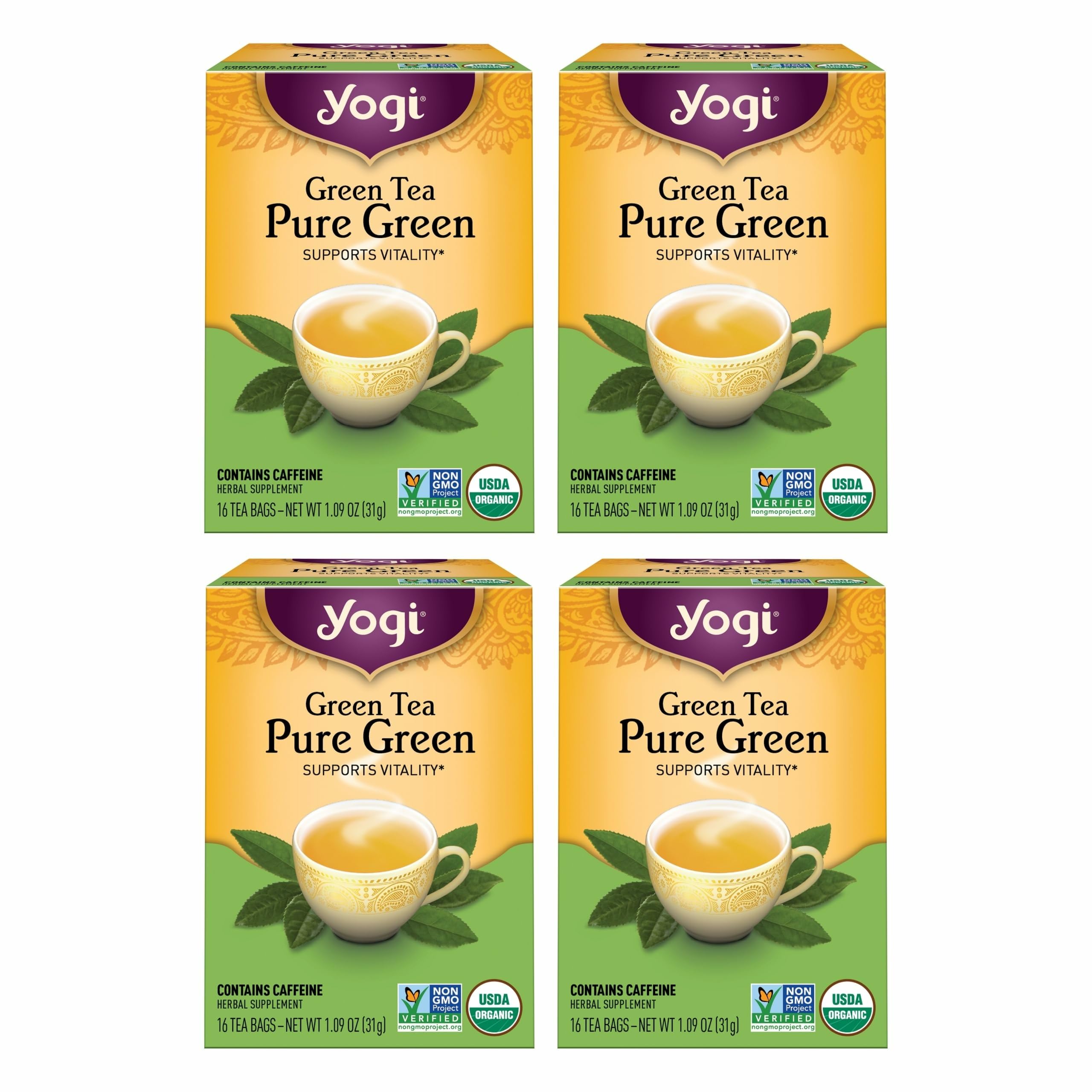 Yogi Pure Green Tea packaging overview highlighting organic certification and freshness.