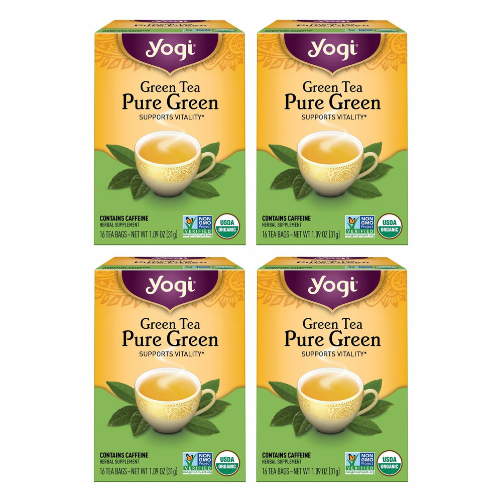 Yogi Pure Green Tea packaging overview highlighting organic certification and freshness.