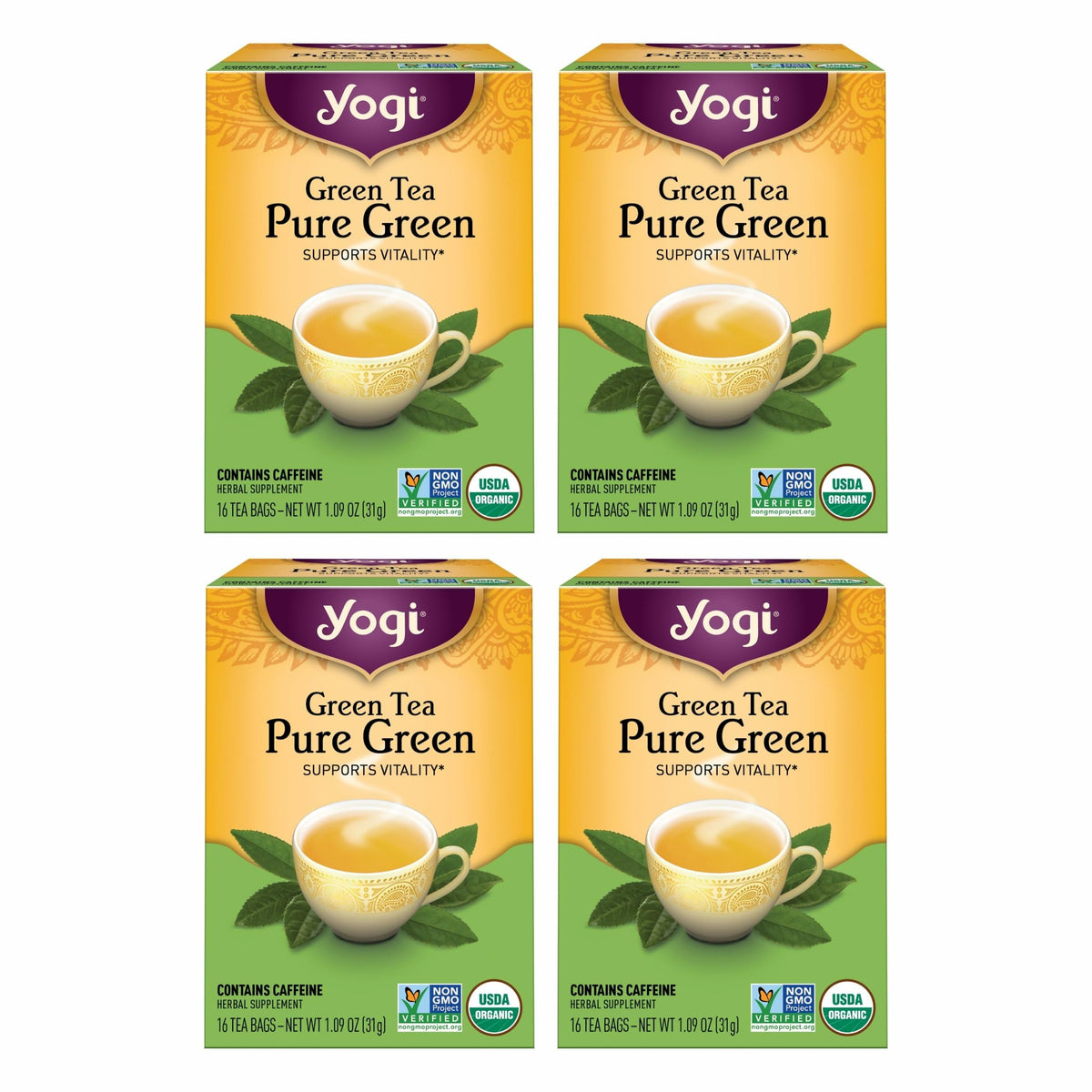 Yogi Pure Green Tea packaging overview highlighting organic certification and freshness.