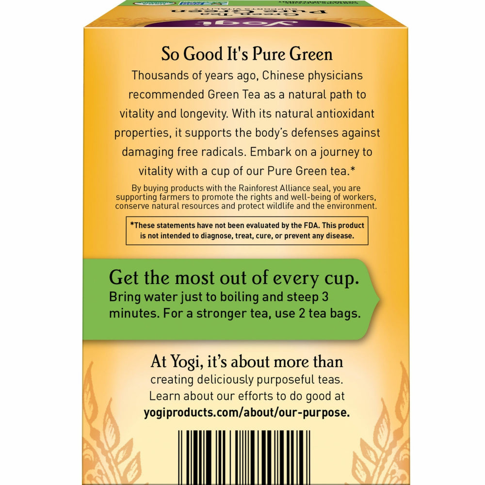 Yogi Pure Green Tea bags pack displayed, convenient organic brew for antioxidant-rich moments.