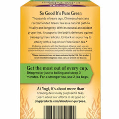 Yogi Pure Green Tea bags pack displayed, convenient organic brew for antioxidant-rich moments.