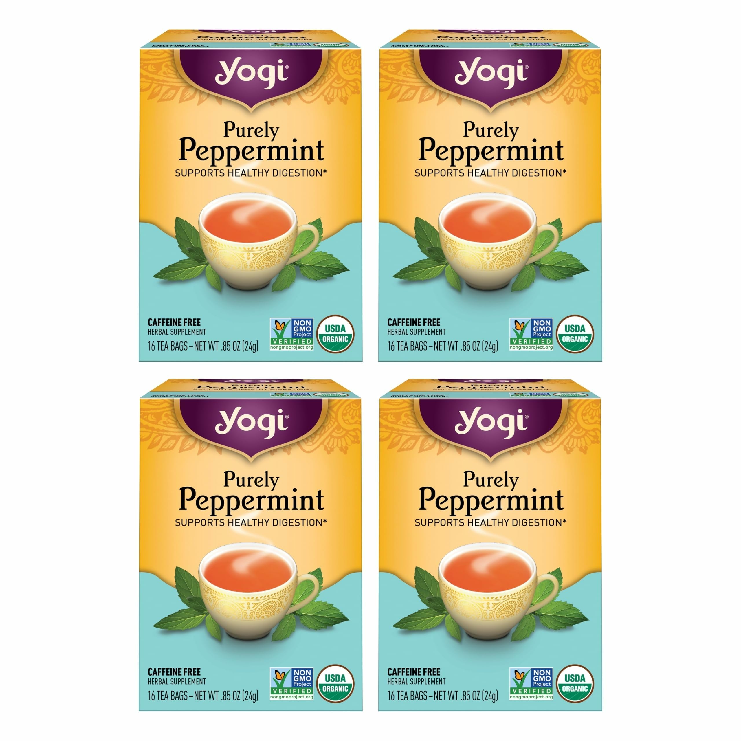Yogi Purely Peppermint 4-pack display shows caffeine-free, organic refreshment for any time.
