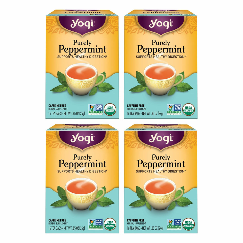 Yogi Purely Peppermint 4-pack display shows caffeine-free, organic refreshment for any time.