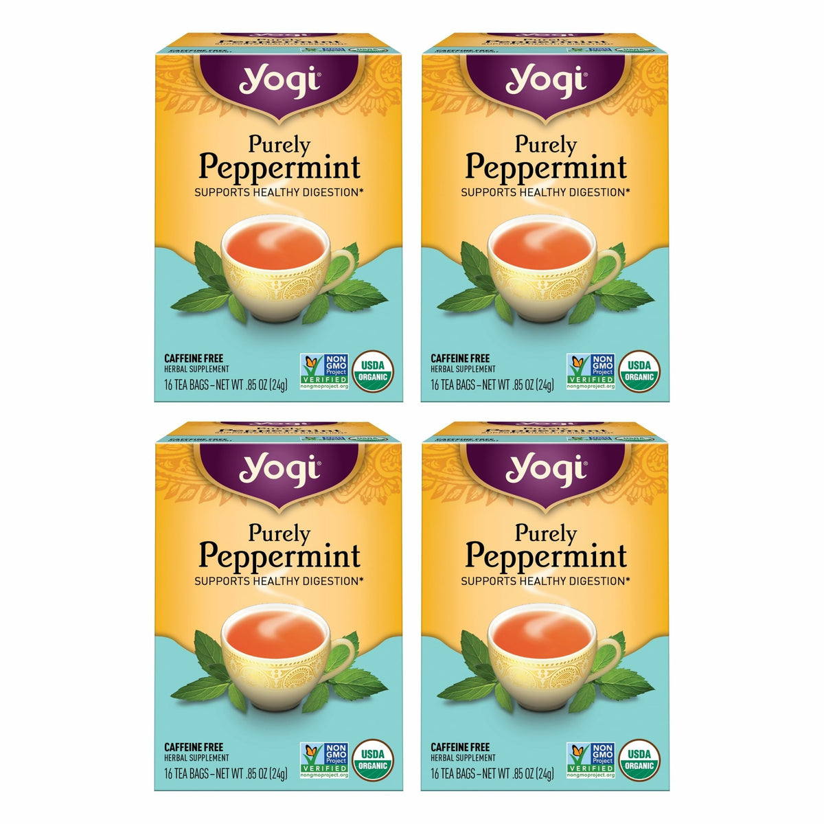 Yogi Purely Peppermint 4-pack display shows caffeine-free, organic refreshment for any time.