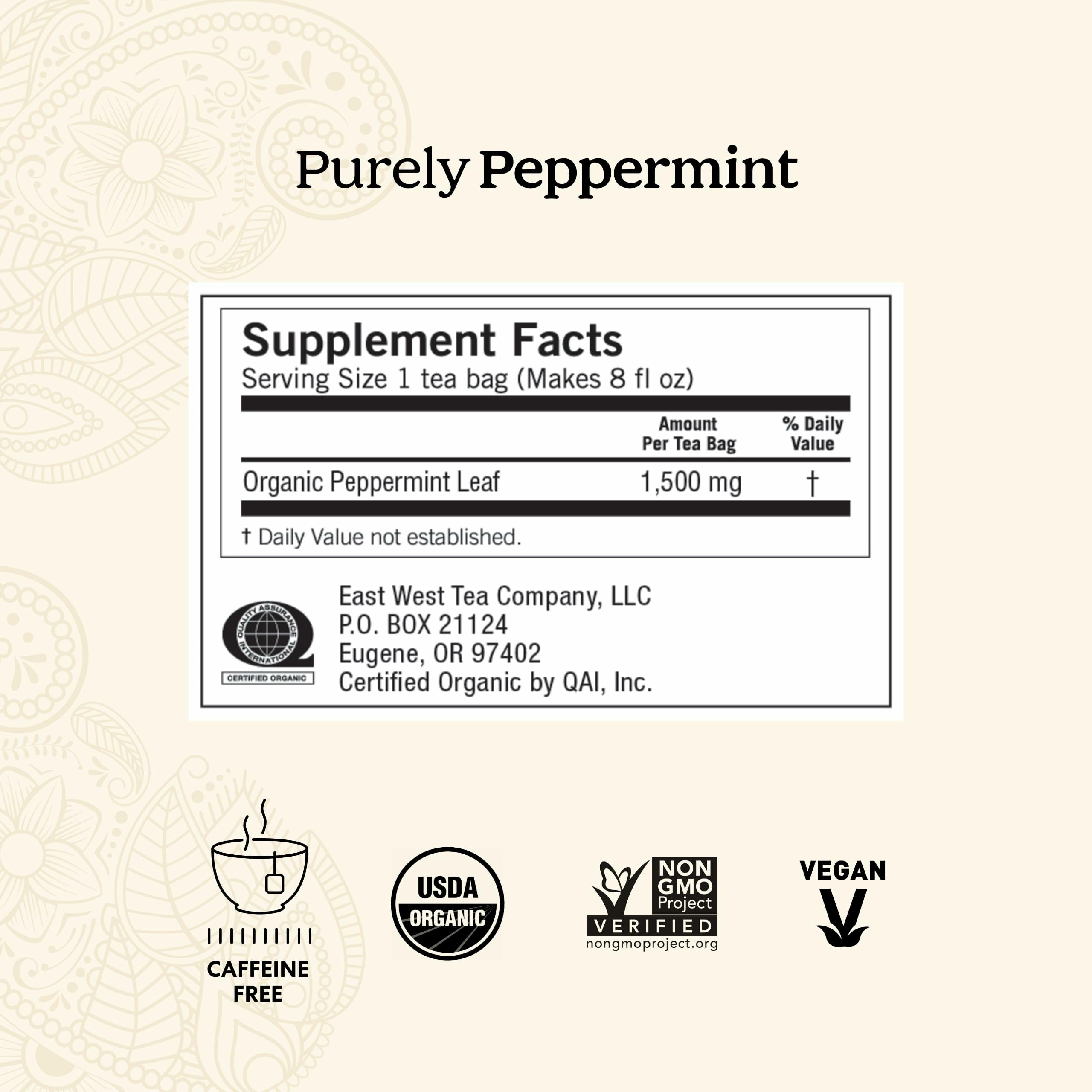 Yogi Purely Peppermint tea bags closeup highlights crisp herb aroma and organic leaves.