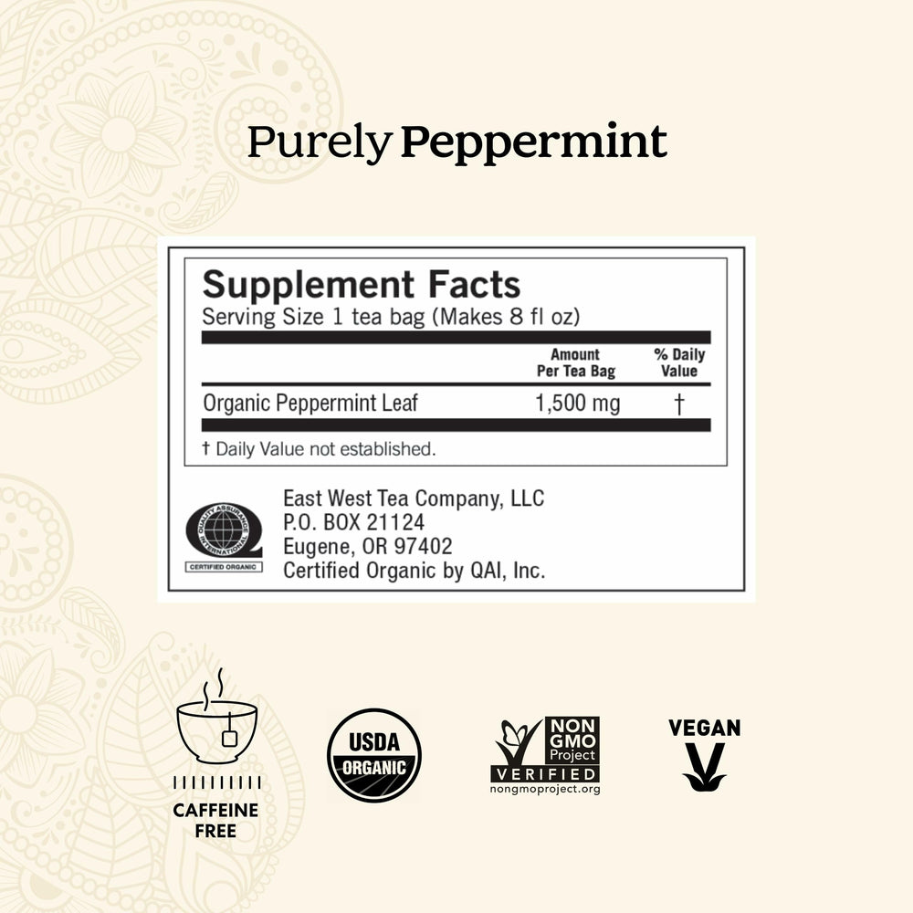 Yogi Purely Peppermint tea bags closeup highlights crisp herb aroma and organic leaves.