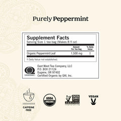 Yogi Purely Peppermint tea bags closeup highlights crisp herb aroma and organic leaves.