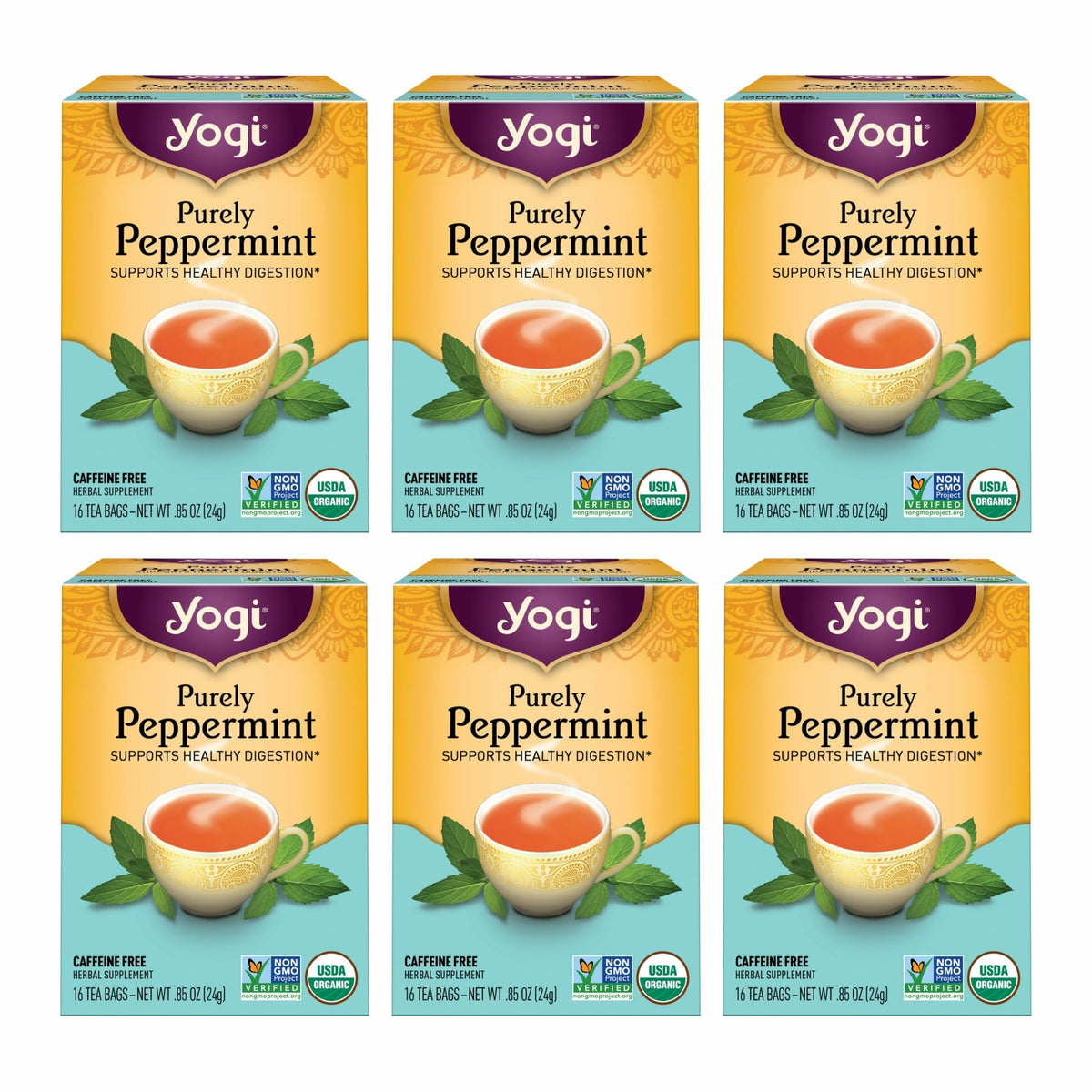 Yogi Purely Peppermint tea box set with six boxes and tea bags