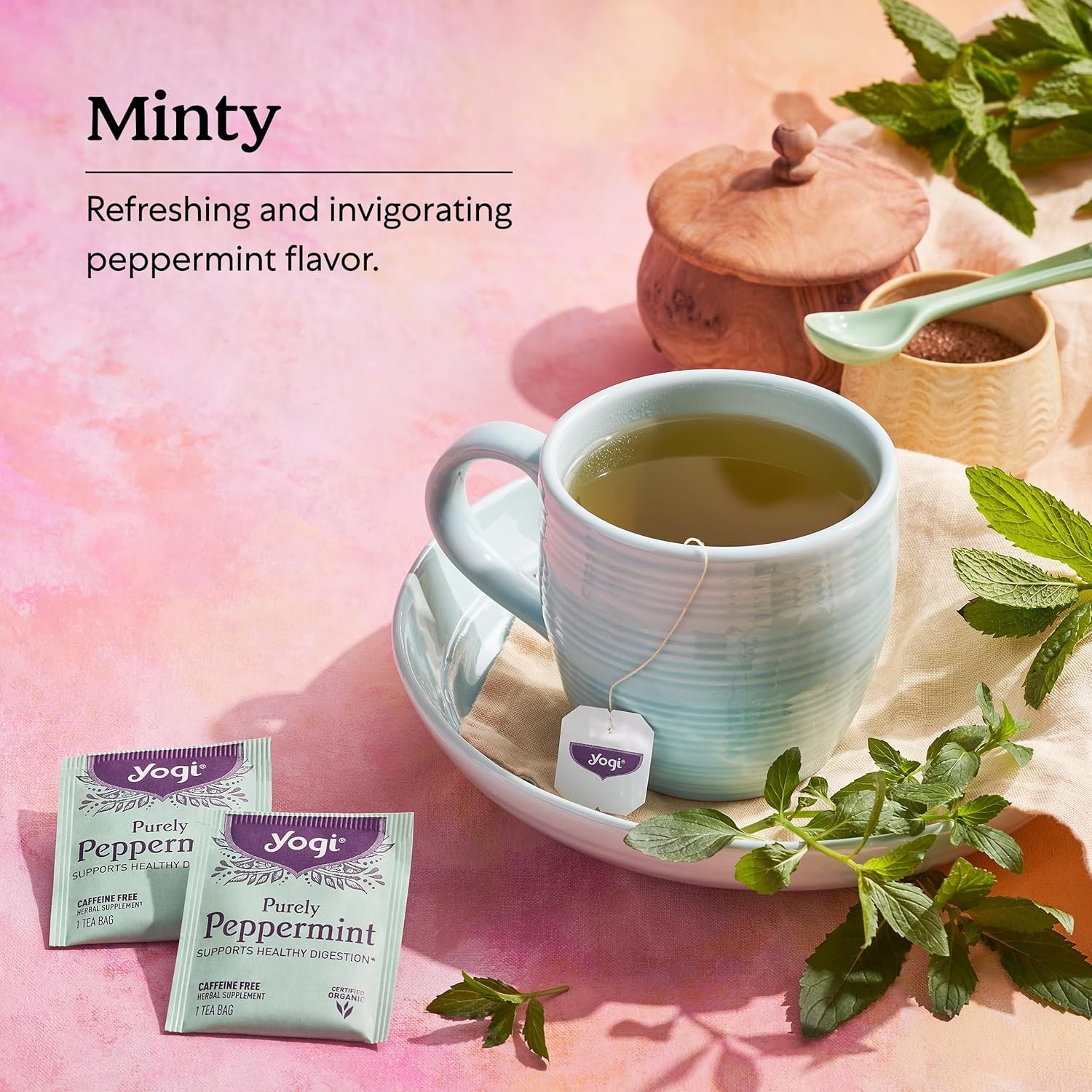 Yogi Purely Peppermint Tea cup with steam highlights comforting aroma