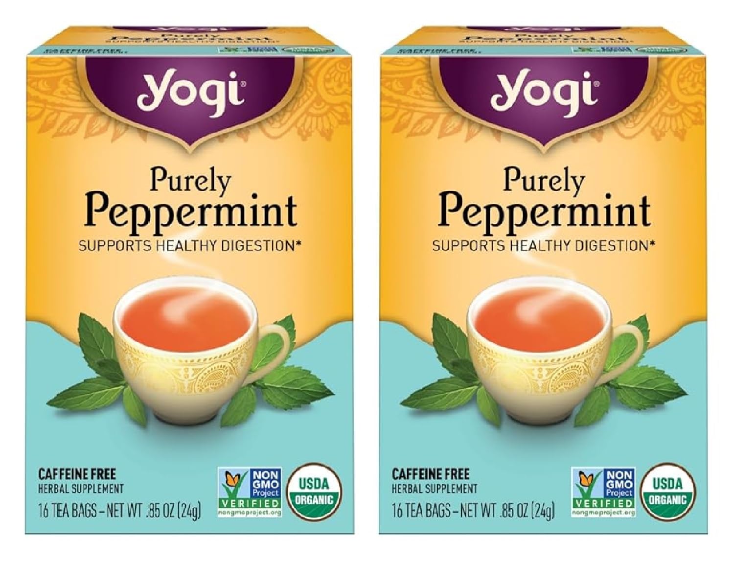 Yogi Purely Peppermint Tea tea bag close-up for a refreshing post-meal ritual