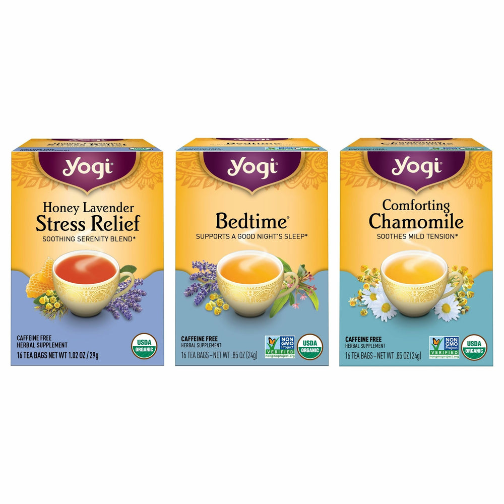 Yogi Relaxation Stress Relief variety pack box with three calming blends