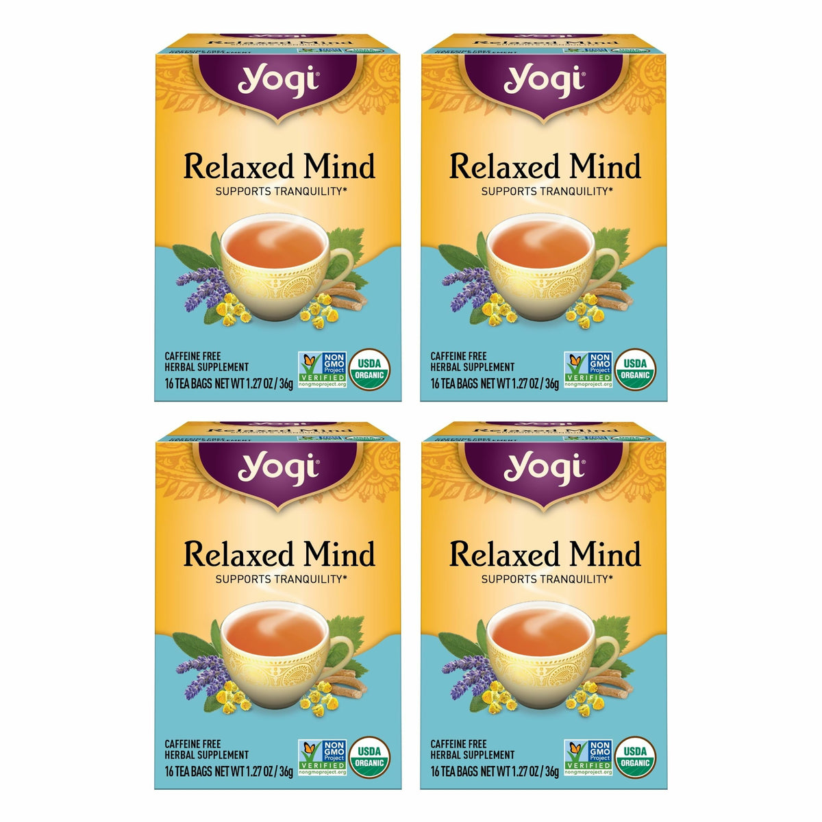 Yogi Relaxed Mind Tea Pack close up, a calming ritual for stress-relief evenings.