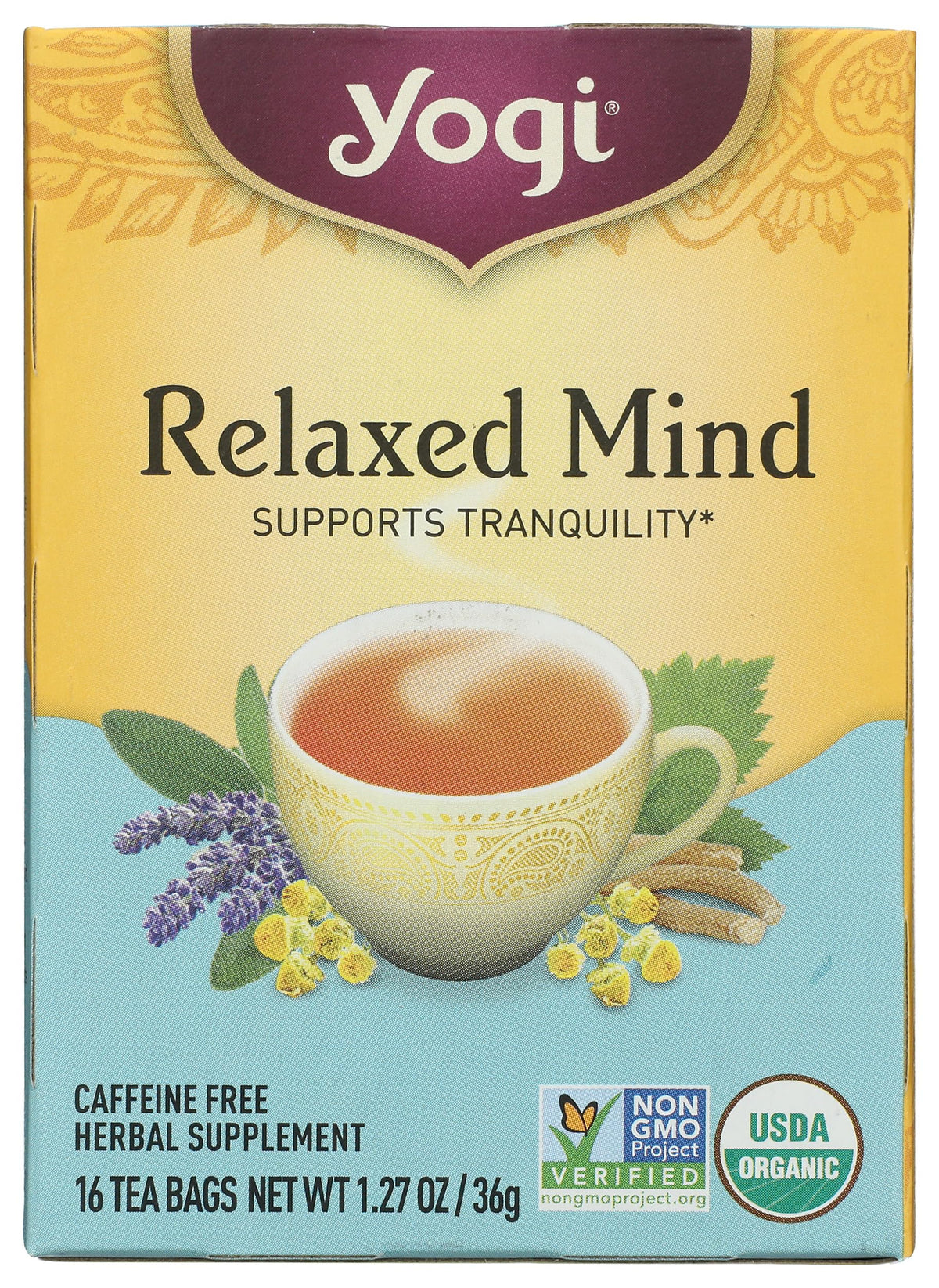 Yogi Relaxed Mind packaging varies, signaling a calming ritual.