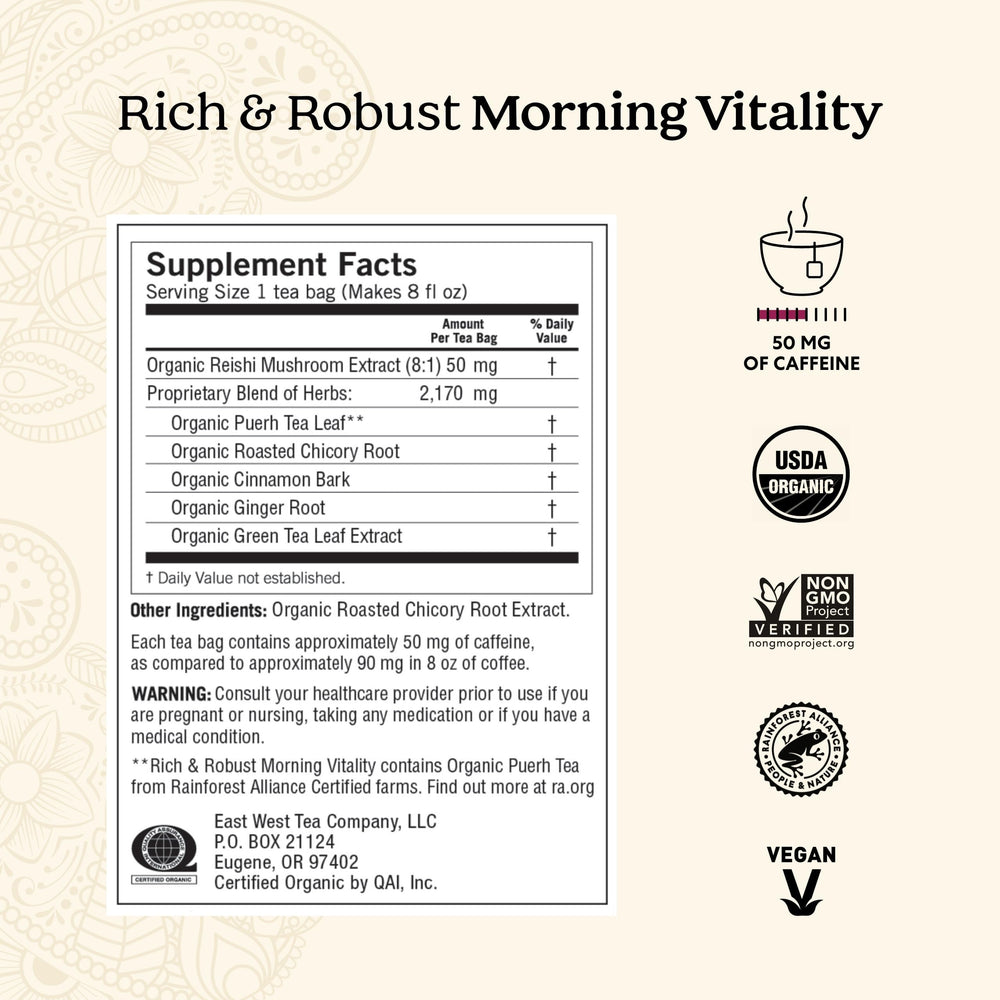 Yogi Rich & Robust Morning Vitality tea bags ready for a soothing, energizing steep