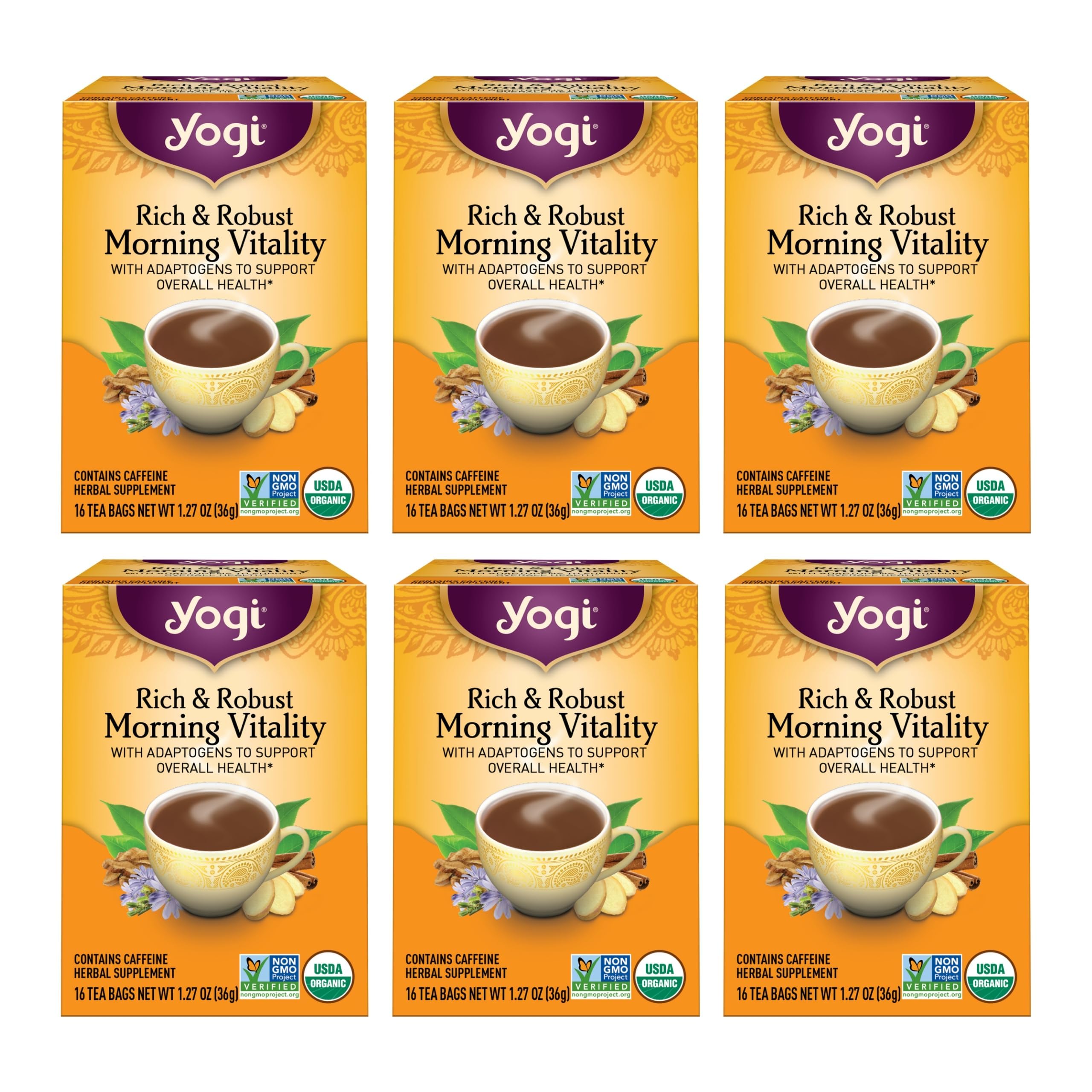 Yogi Rich & Robust Morning Vitality tea box showing organic adaptogen blend for balanced mornings
