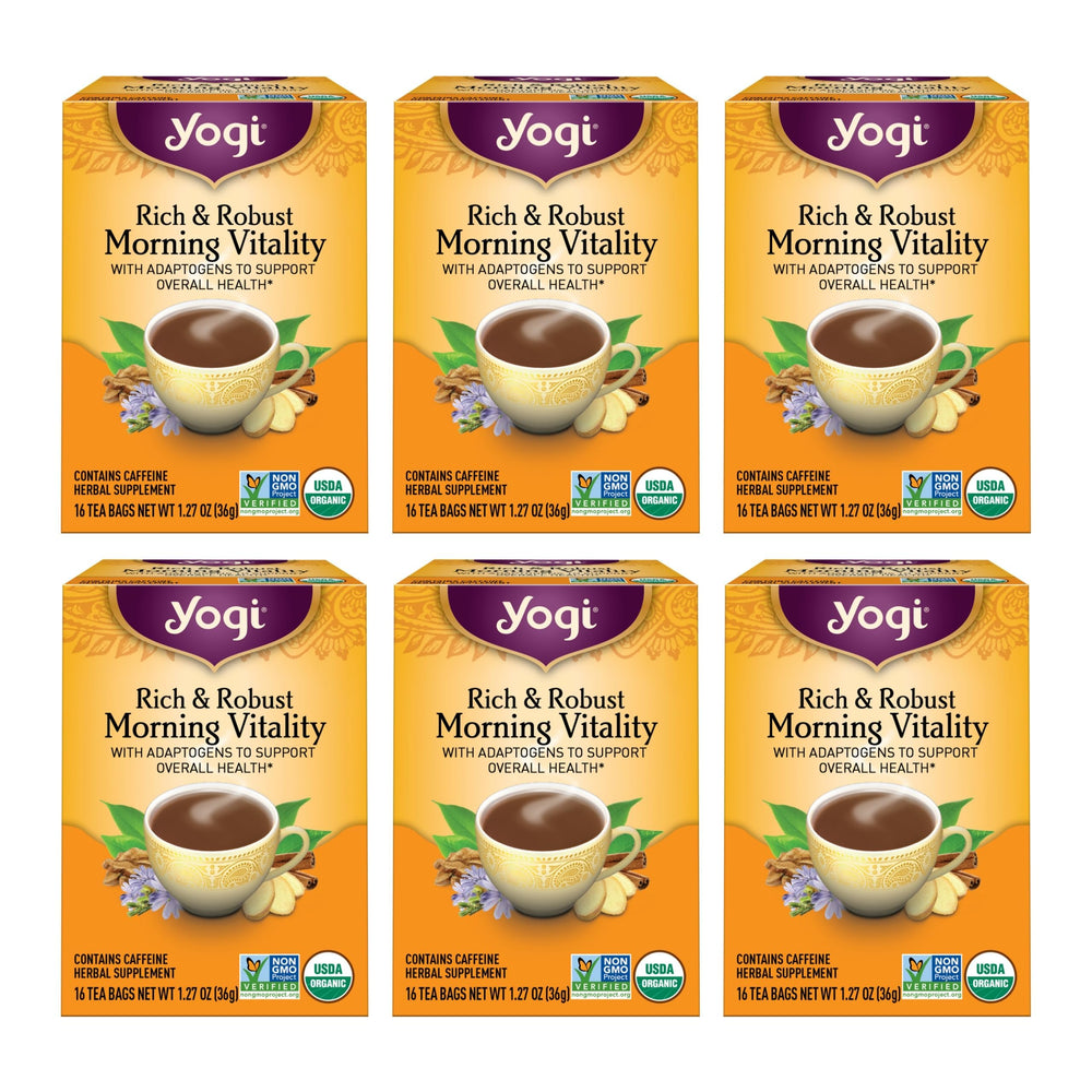 Yogi Rich & Robust Morning Vitality tea box showing organic adaptogen blend for balanced mornings