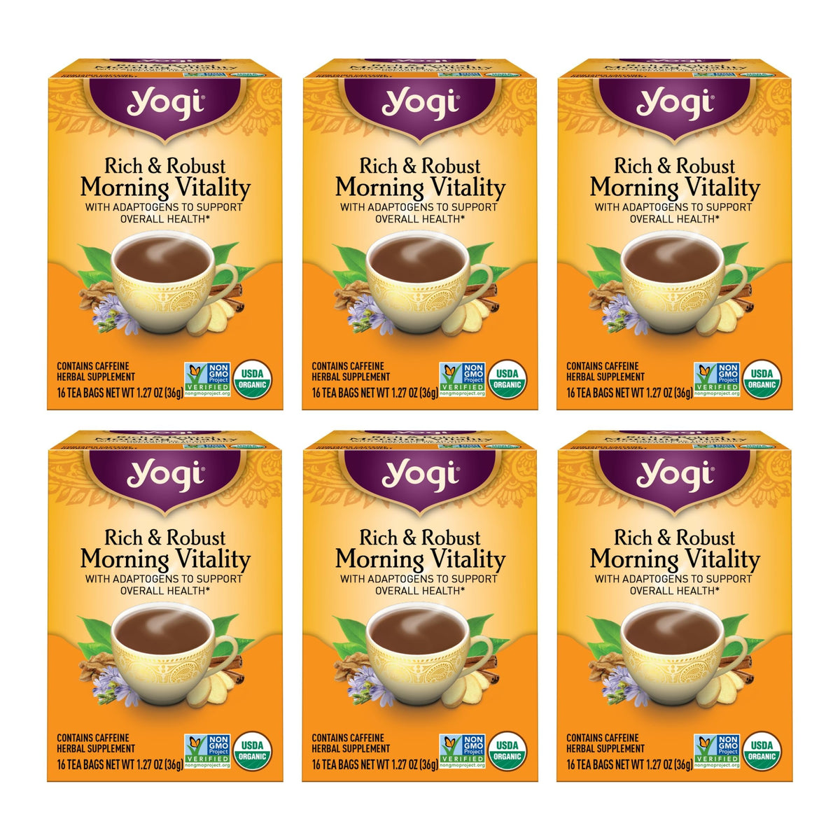 Yogi Rich & Robust Morning Vitality tea box showing organic adaptogen blend for balanced mornings