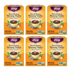 Yogi Rich & Robust Morning Vitality tea box showing organic adaptogen blend for balanced mornings