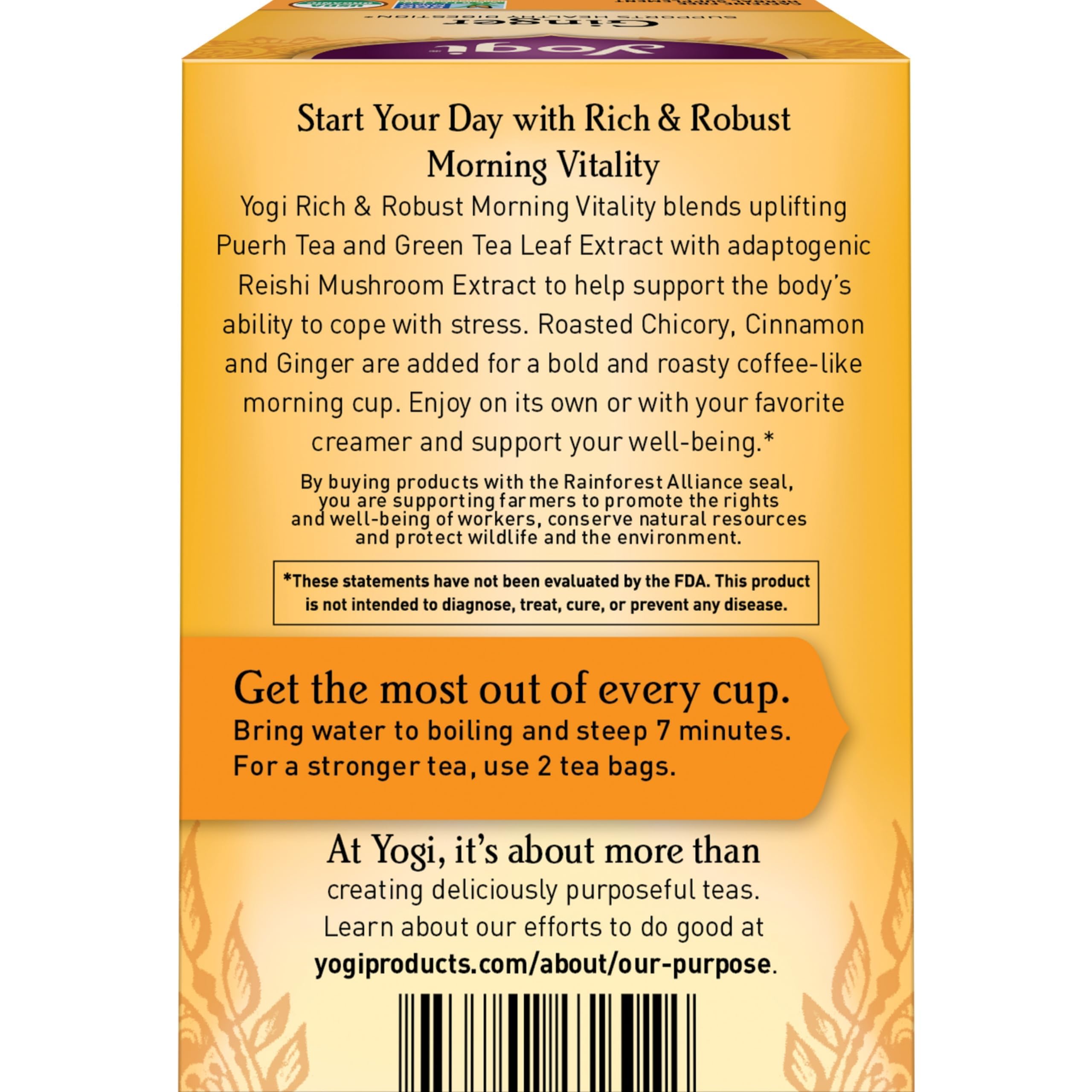 Yogi Morning Vitality packaging display highlighting six-pack, pantry-friendly format