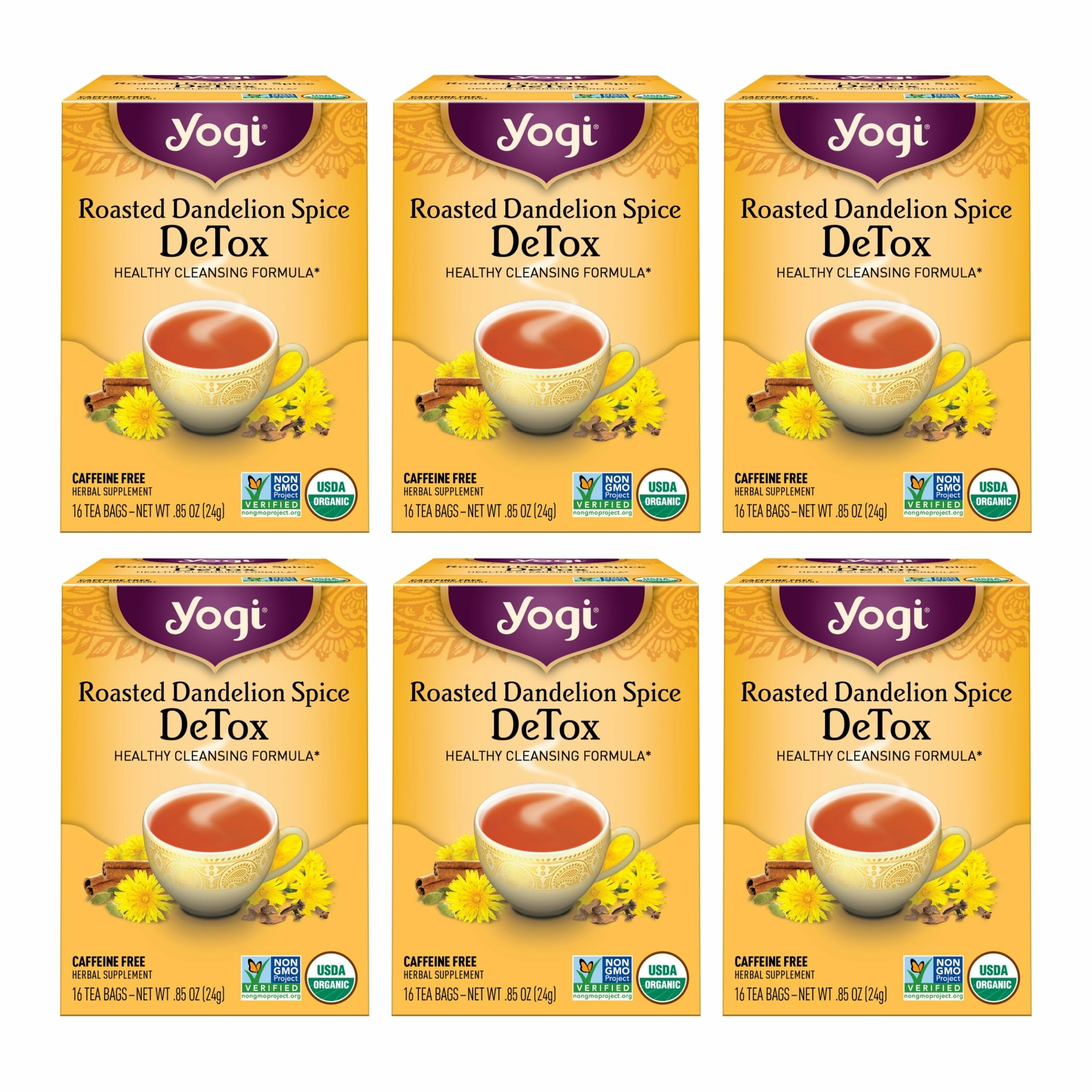 Yogi Roasted Dandelion Spice DeTox Tea package front for daily wellness.