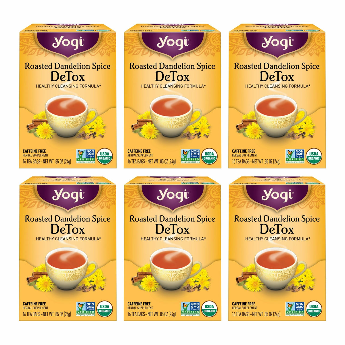 Yogi Roasted Dandelion Spice DeTox Tea package front for daily wellness.
