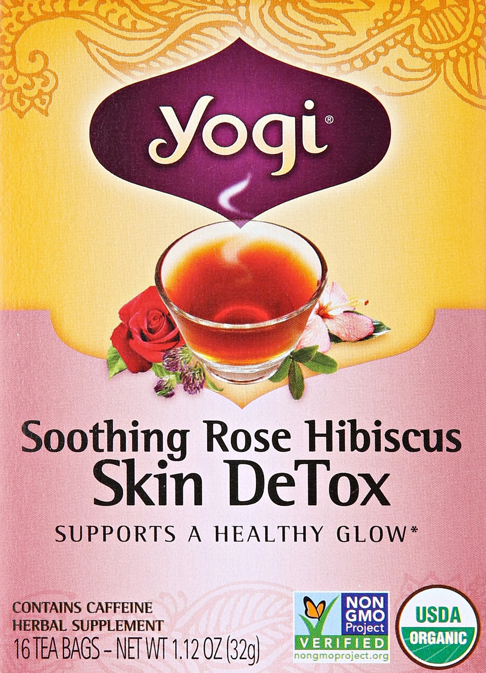 Yogi Skin DeTox Tea packaging close-up, organic ingredients highlighted.