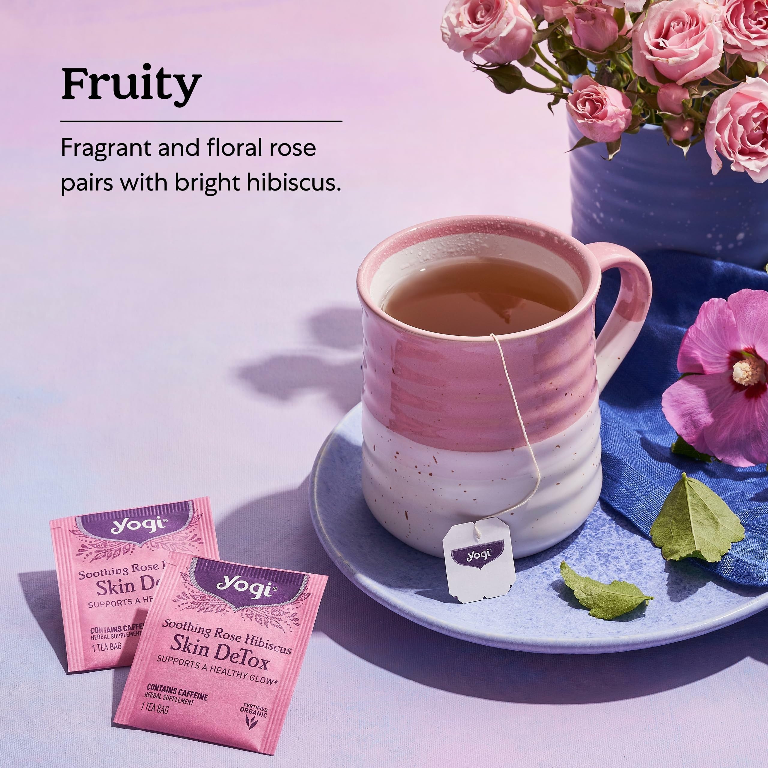 Yogi Soothing Rose Hibiscus Tea brewing instructions for a balanced cup.