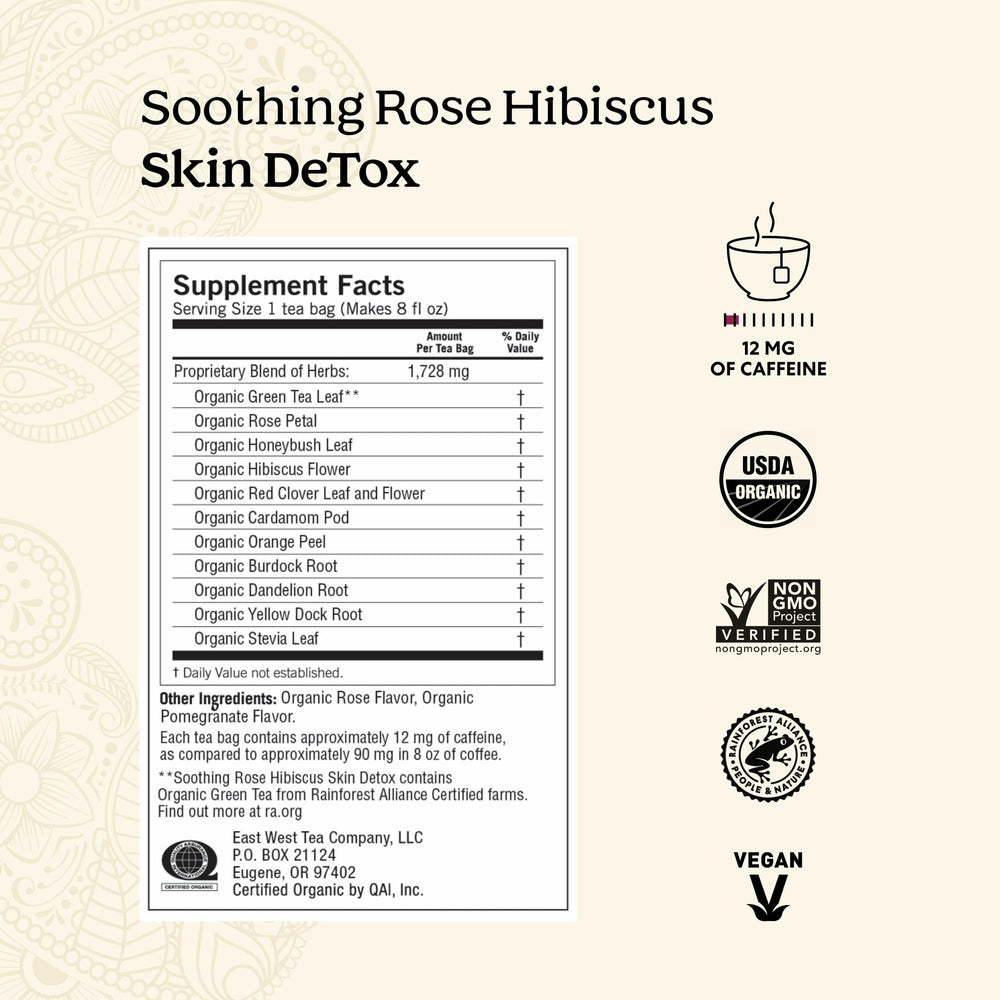Yogi Soothing Rose Hibiscus Tea cup with steam for a floral skin health ritual.