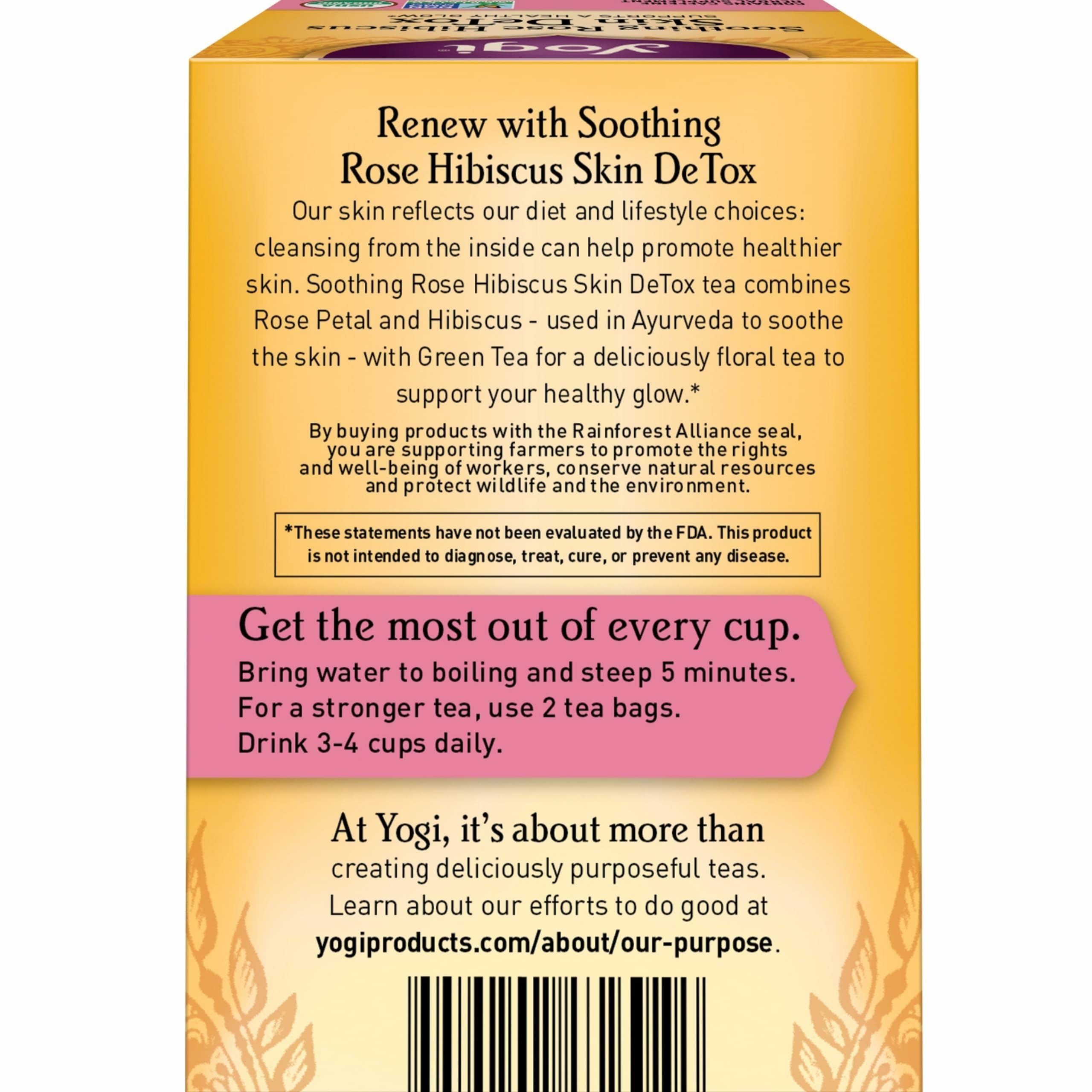 Yogi Soothing Rose Hibiscus Tea ingredients showcasing rose, hibiscus, and botanicals.