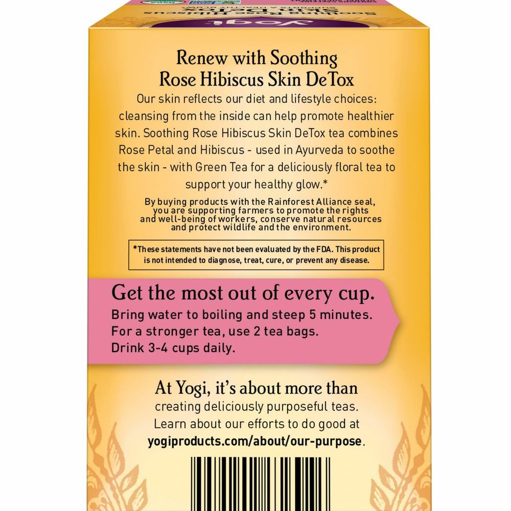Yogi Soothing Rose Hibiscus Tea ingredients showcasing rose, hibiscus, and botanicals.