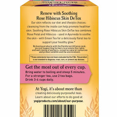 Yogi Soothing Rose Hibiscus Tea ingredients showcasing rose, hibiscus, and botanicals.